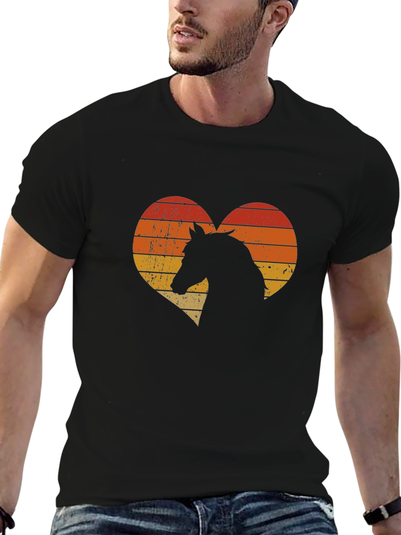 Black Retro Horse Heart Graphic Tee - Men's Black T-Shirt view 6
