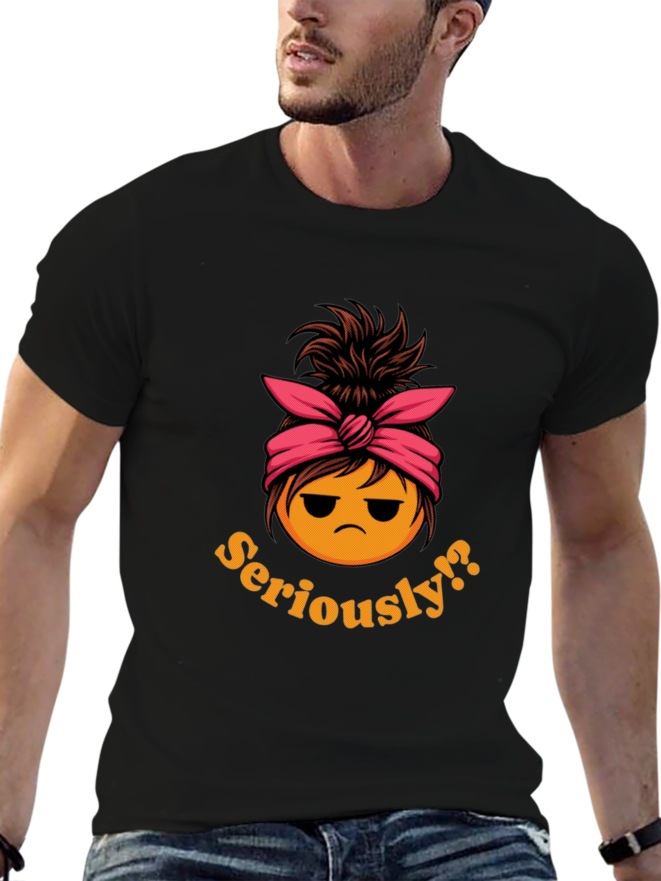 Black Seriously?! Messy Bun Emoji T-Shirt view 6