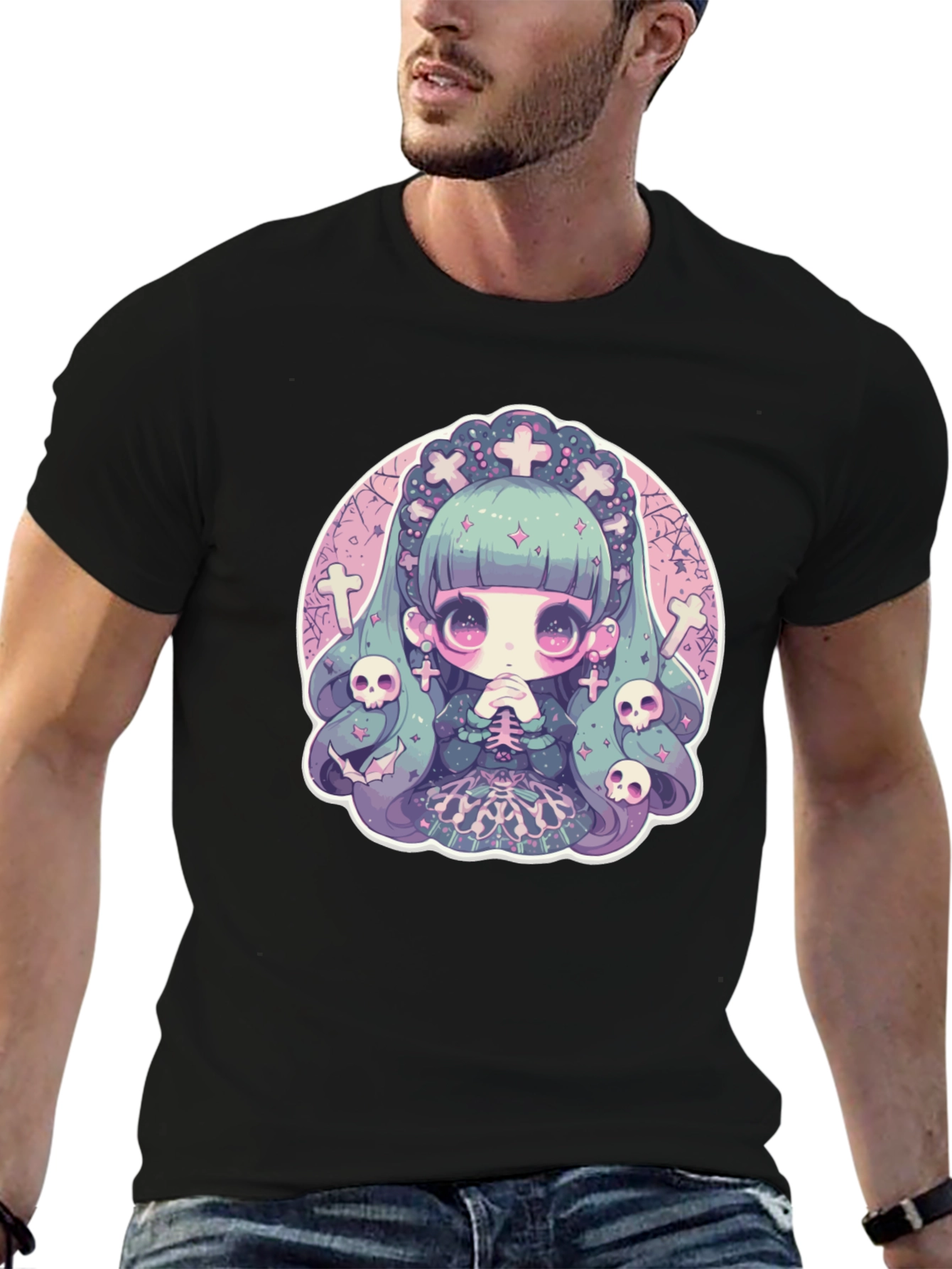 Black Gothic Anime Girl T-Shirt view 6