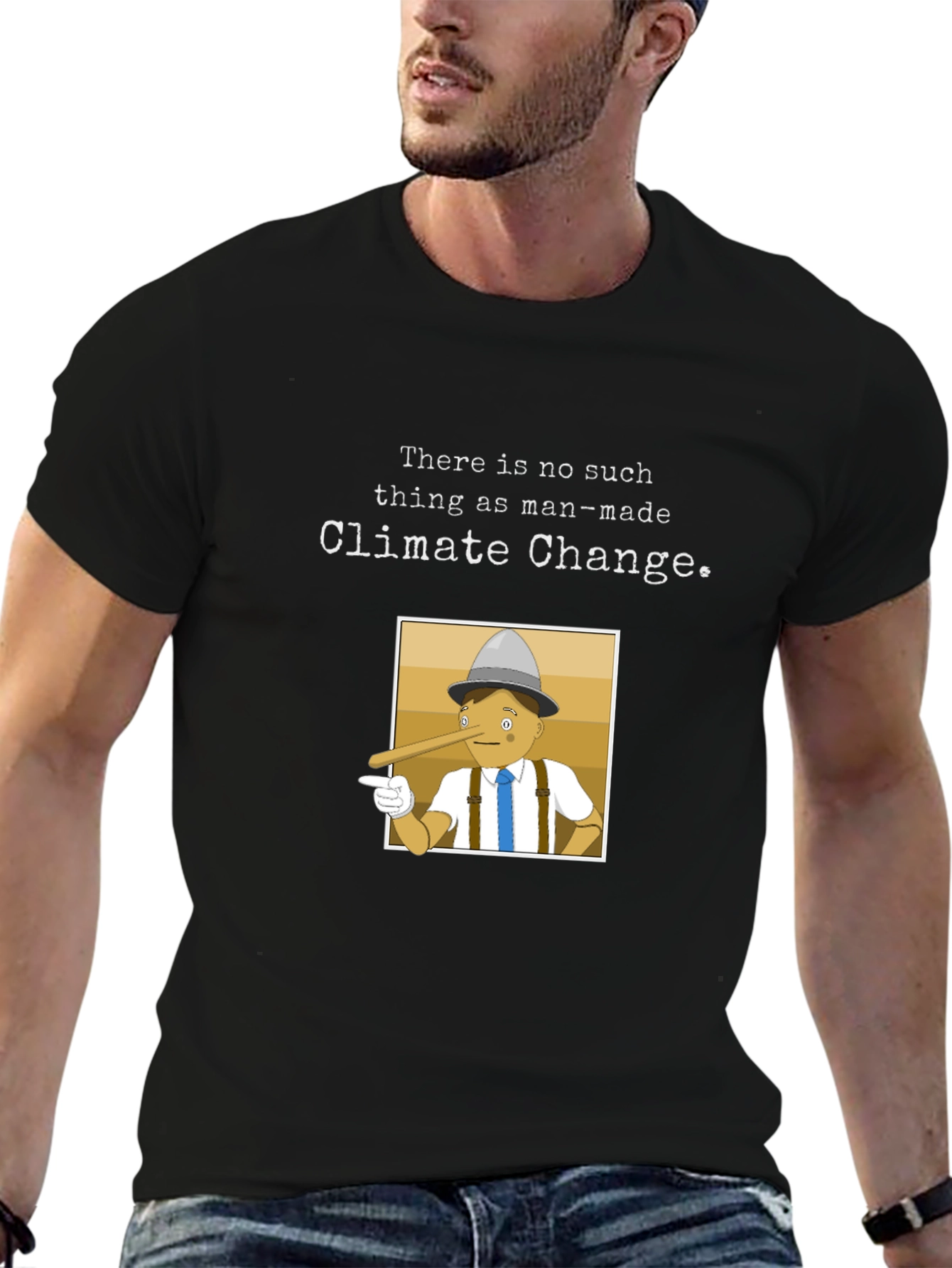 Black Climate Change Skeptic T-Shirt - Pinocchio Design view 6