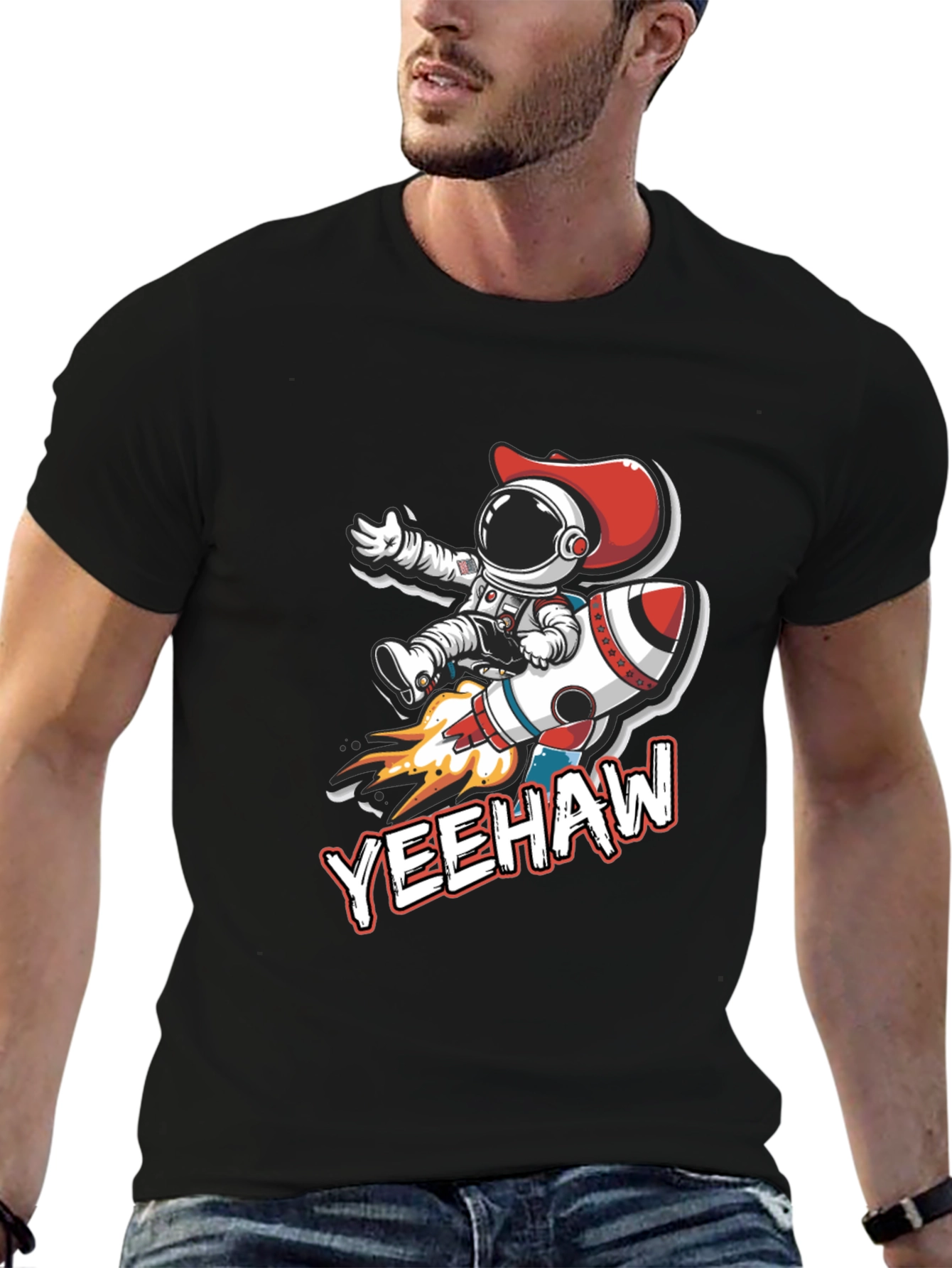 Black Yeehaw Astronaut T-Shirt: Space Cowboy Design view 6