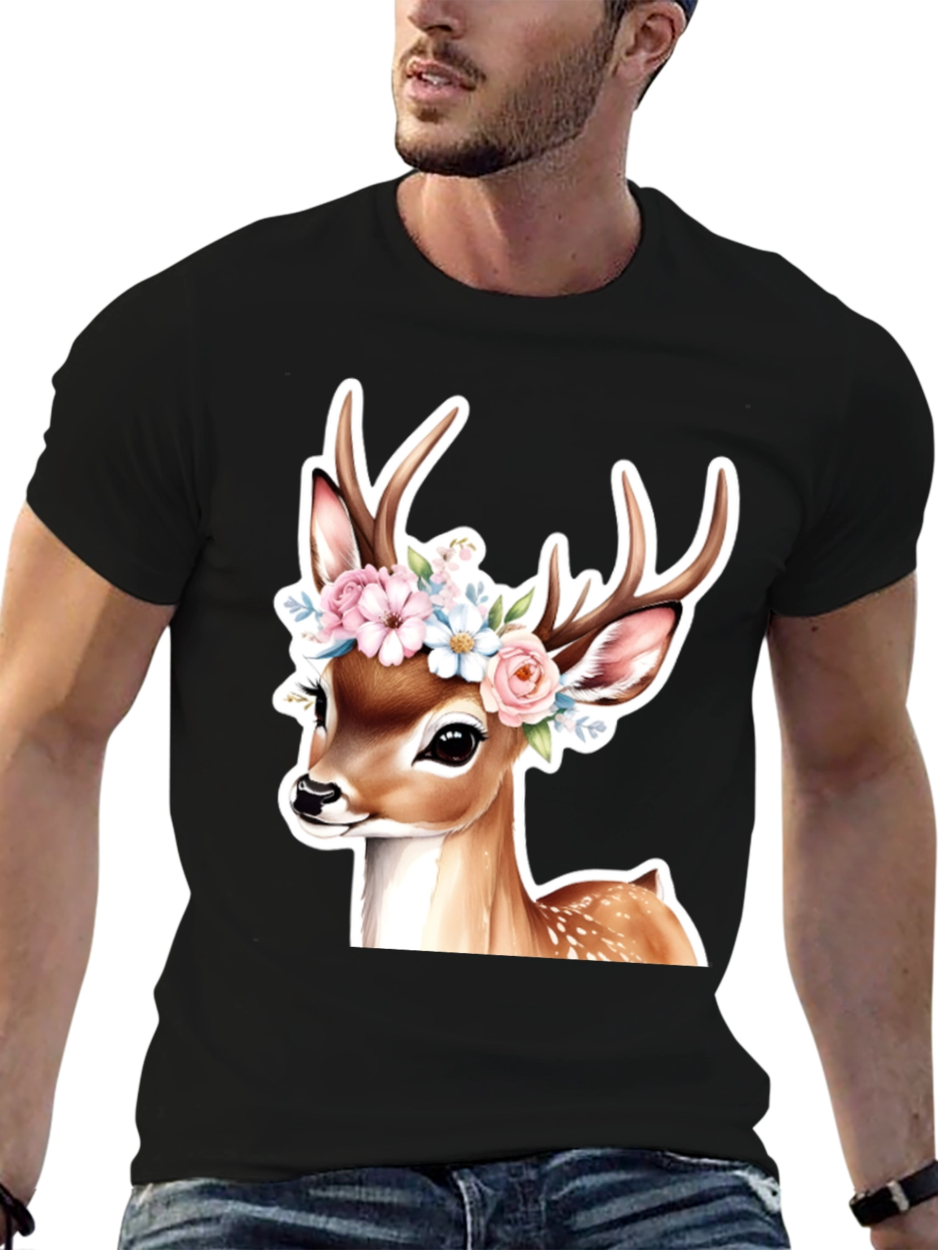 Black Deer Floral Crown Black T-Shirt view 6