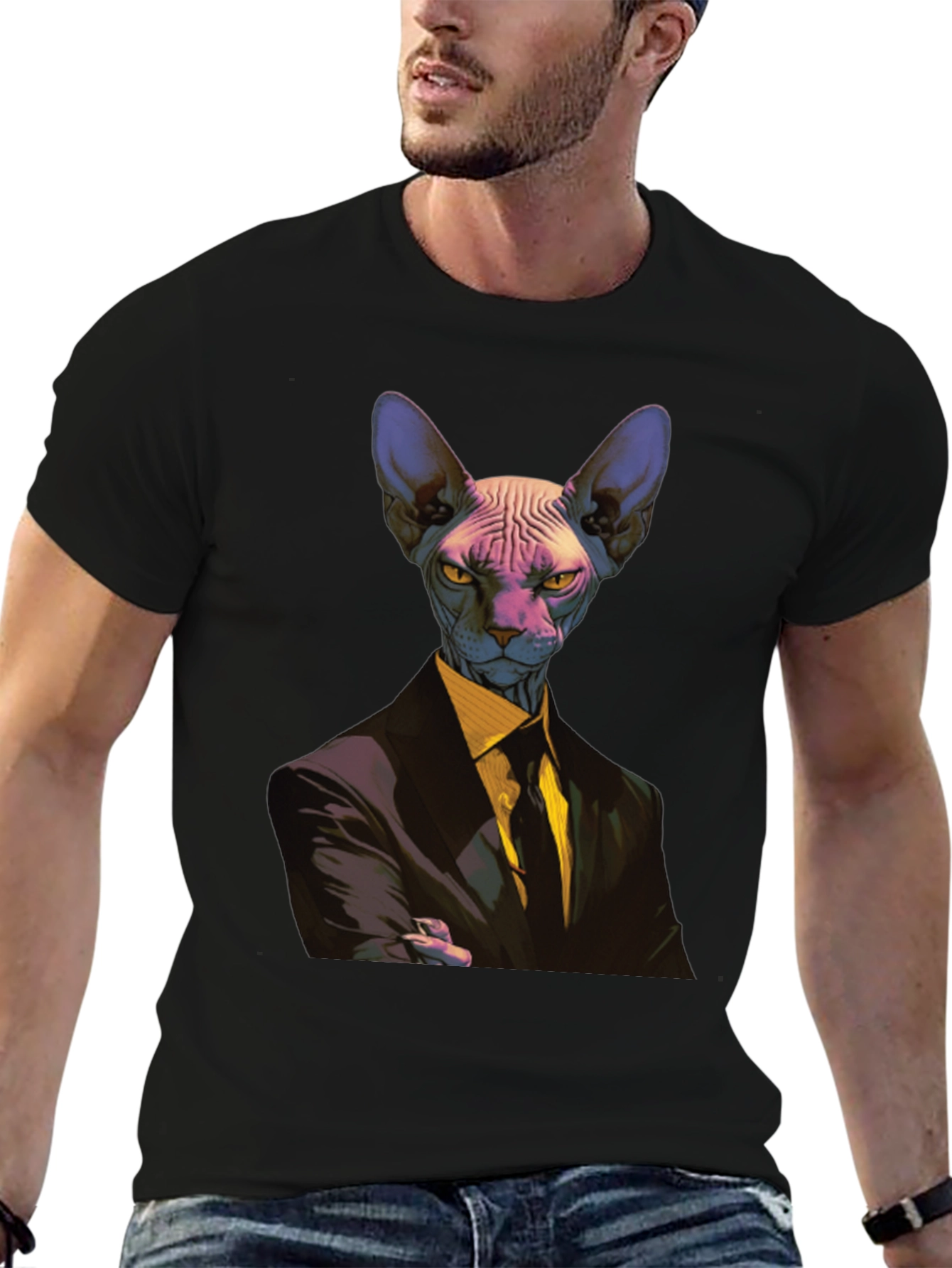 Black Sphynx Cat Suit T-Shirt - Funny Animal Tee view 6