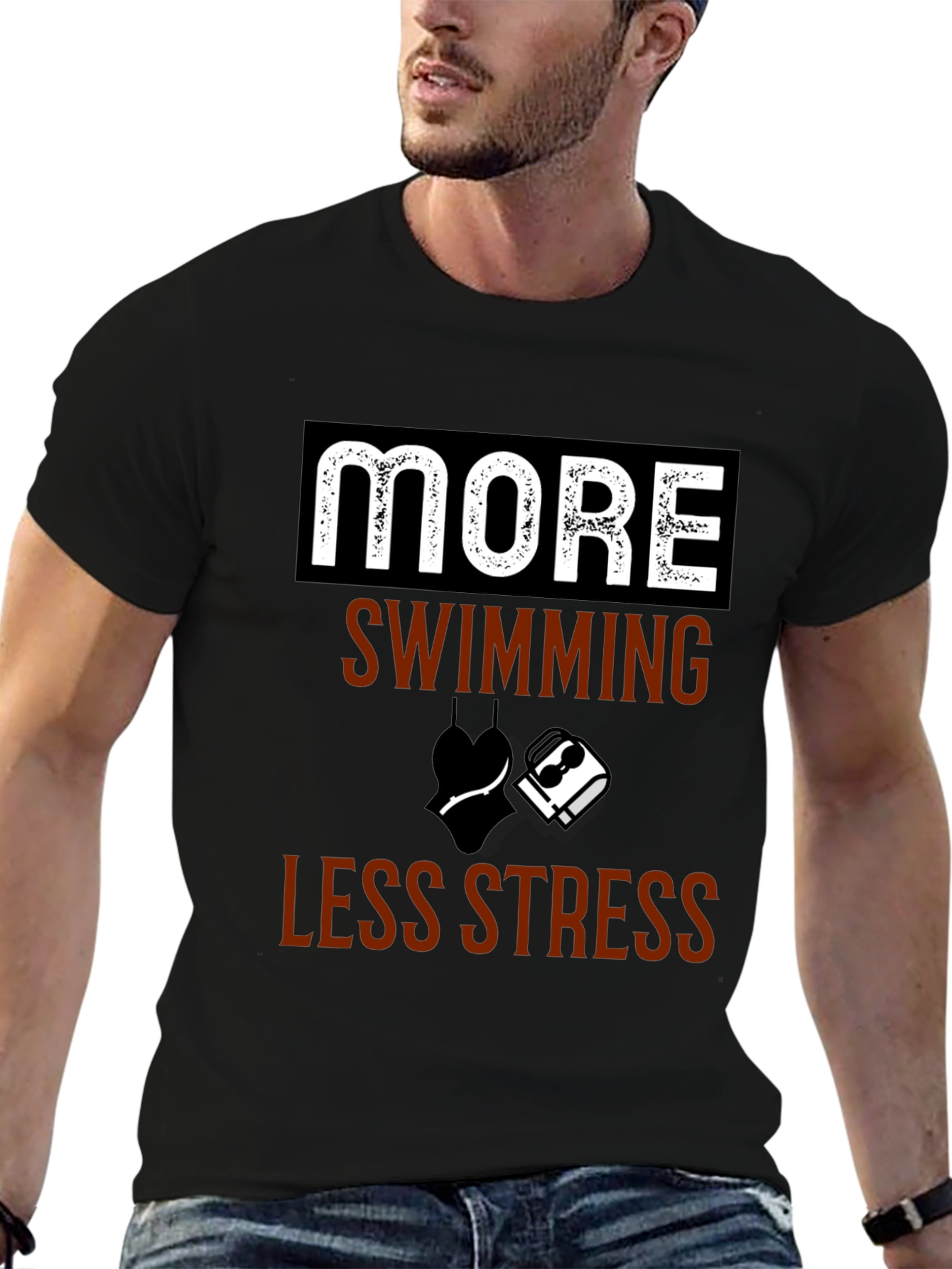 More Swimming Less Stress Black T-Shirt - 6
