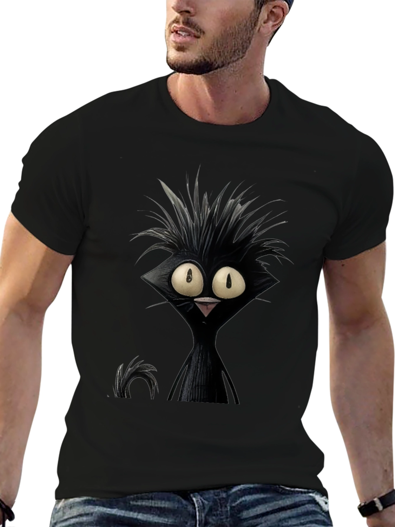 Black Crazy Cat Graphic Tee - Unisex Black T-Shirt view 6