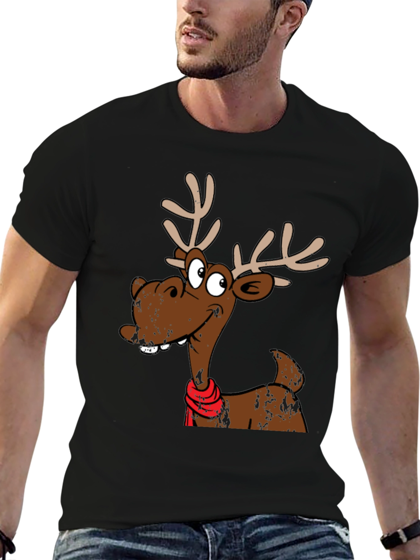Black Funny Reindeer Graphic T-Shirt - Holiday Style view 6