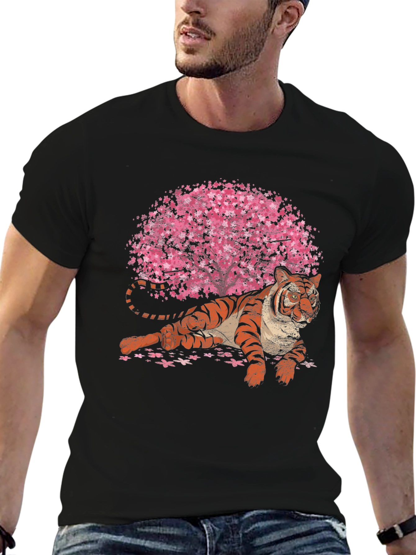 Black Tiger & Cherry Blossom Graphic T-Shirt view 6