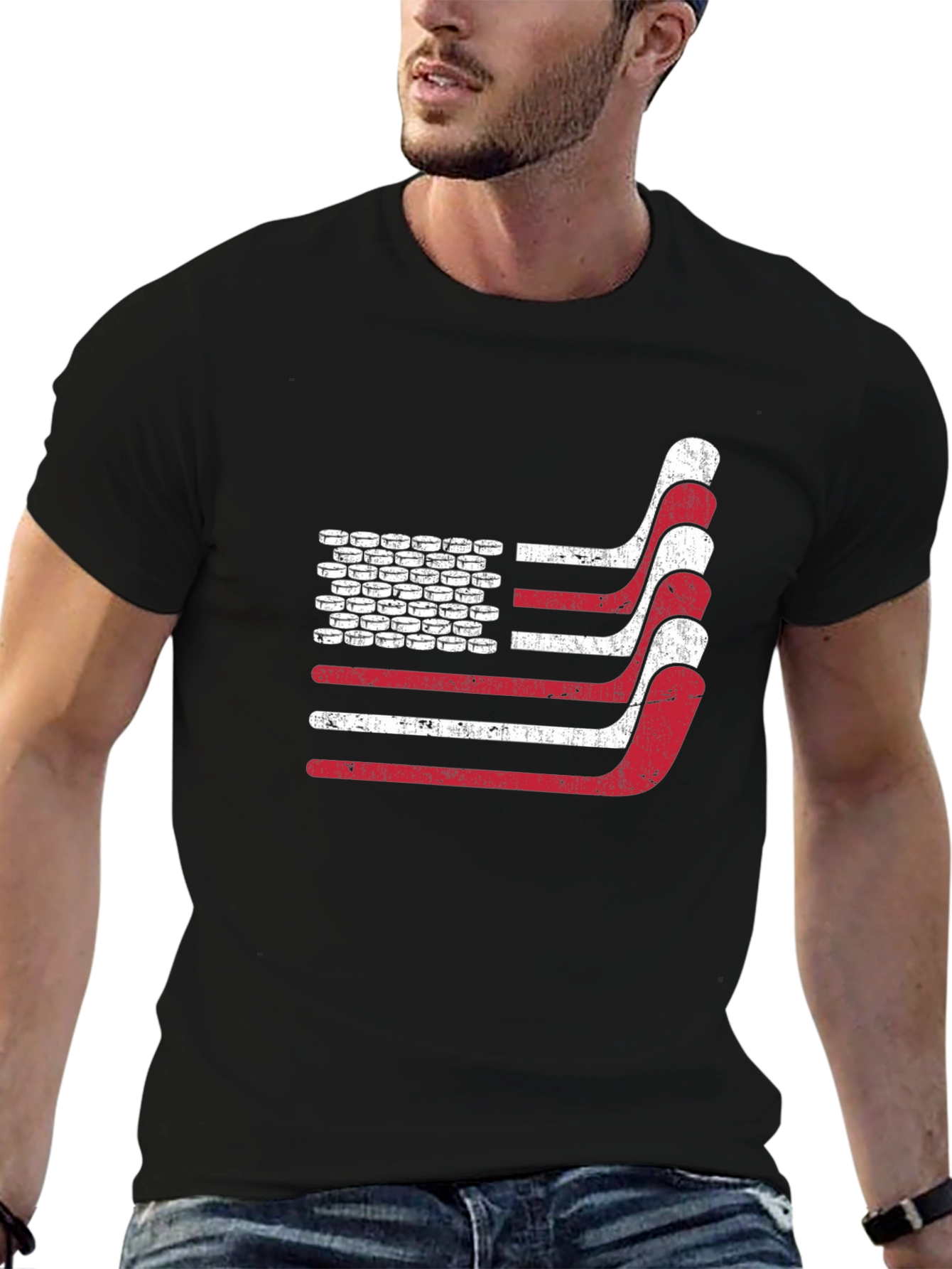 Black Hockey American Flag T-Shirt - Patriotic USA Tee view 6