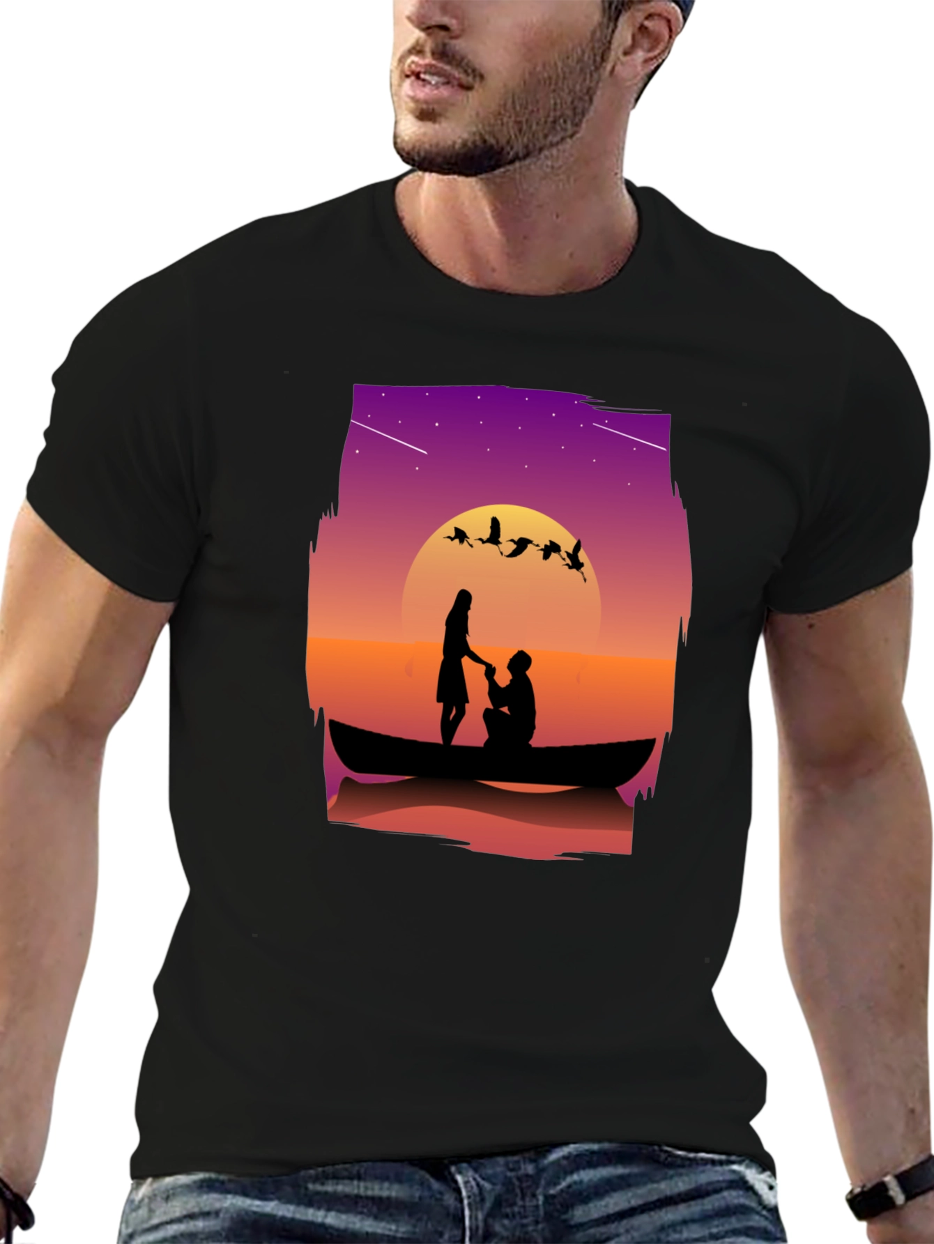 Black Romantic Sunset Proposal Graphic T-Shirt view 6
