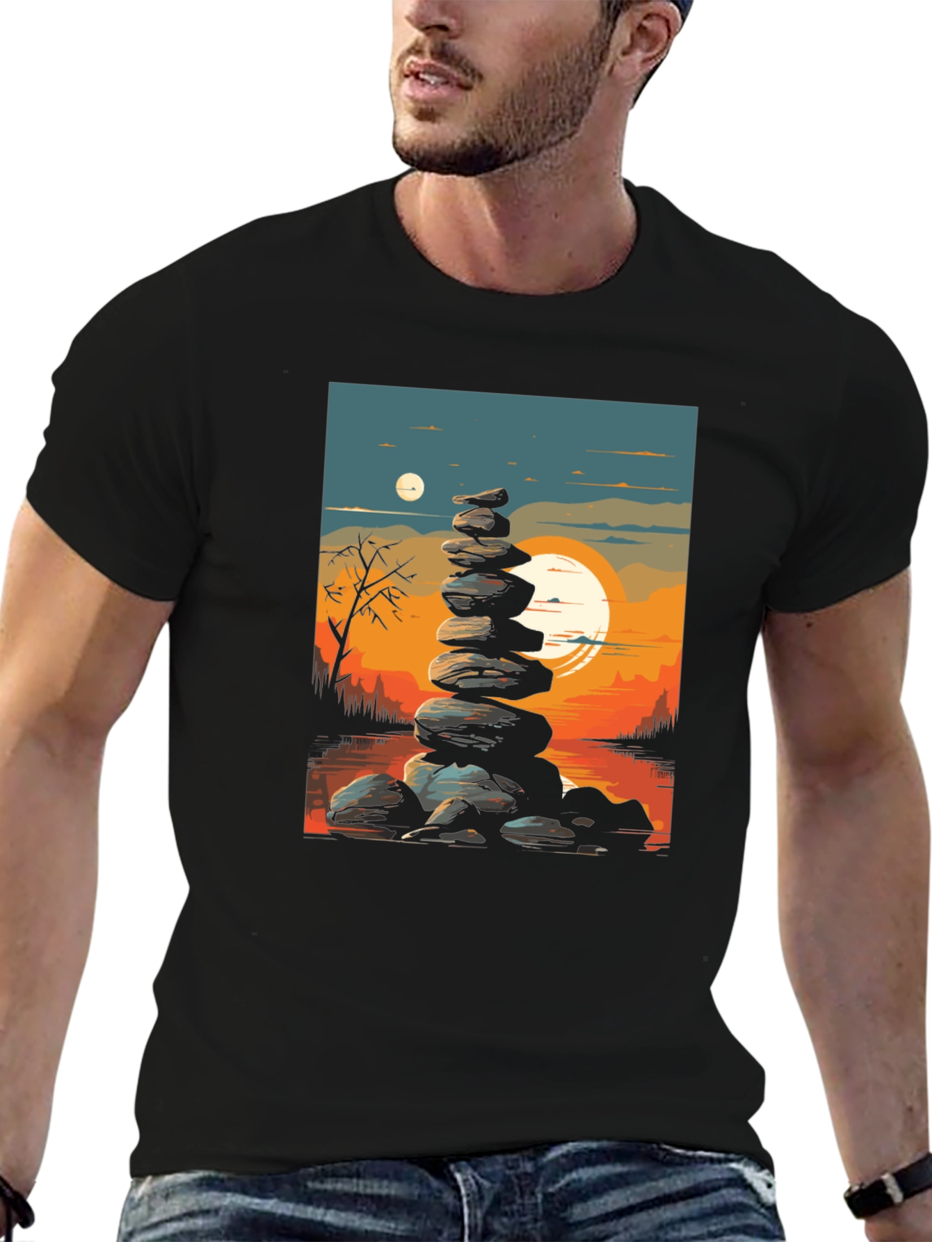 Black Zen Rock Stack T-Shirt - Sunset Landscape view 6