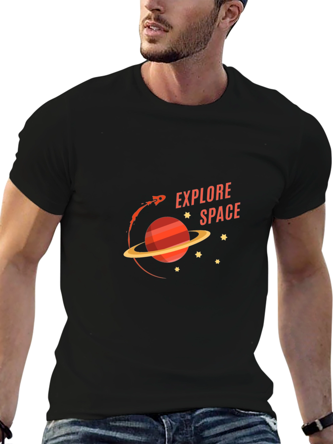 Black Explore Space Graphic Tee - Black Cotton T-Shirt view 6