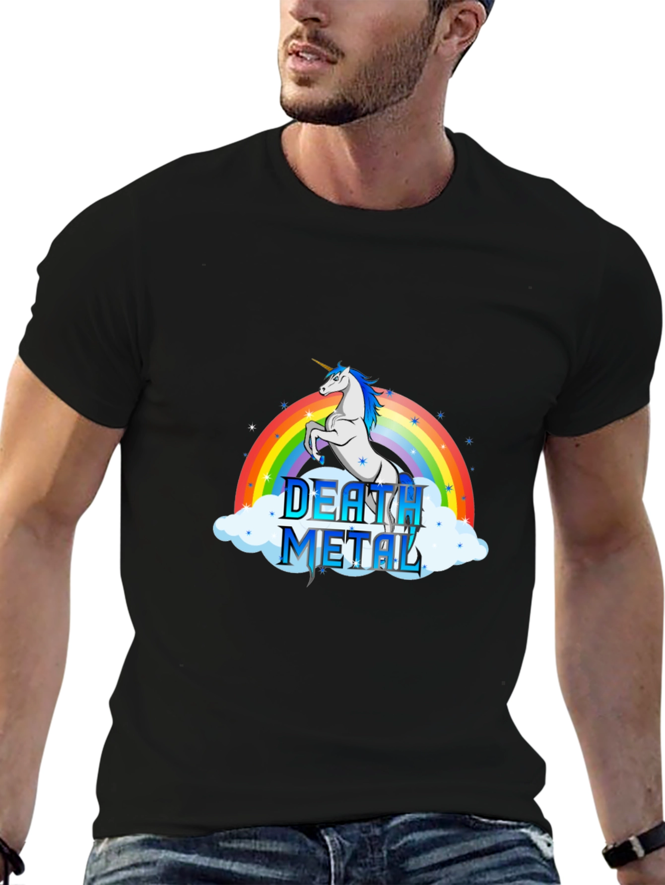 Black Death Metal Unicorn T-Shirt - Rainbow Design view 6