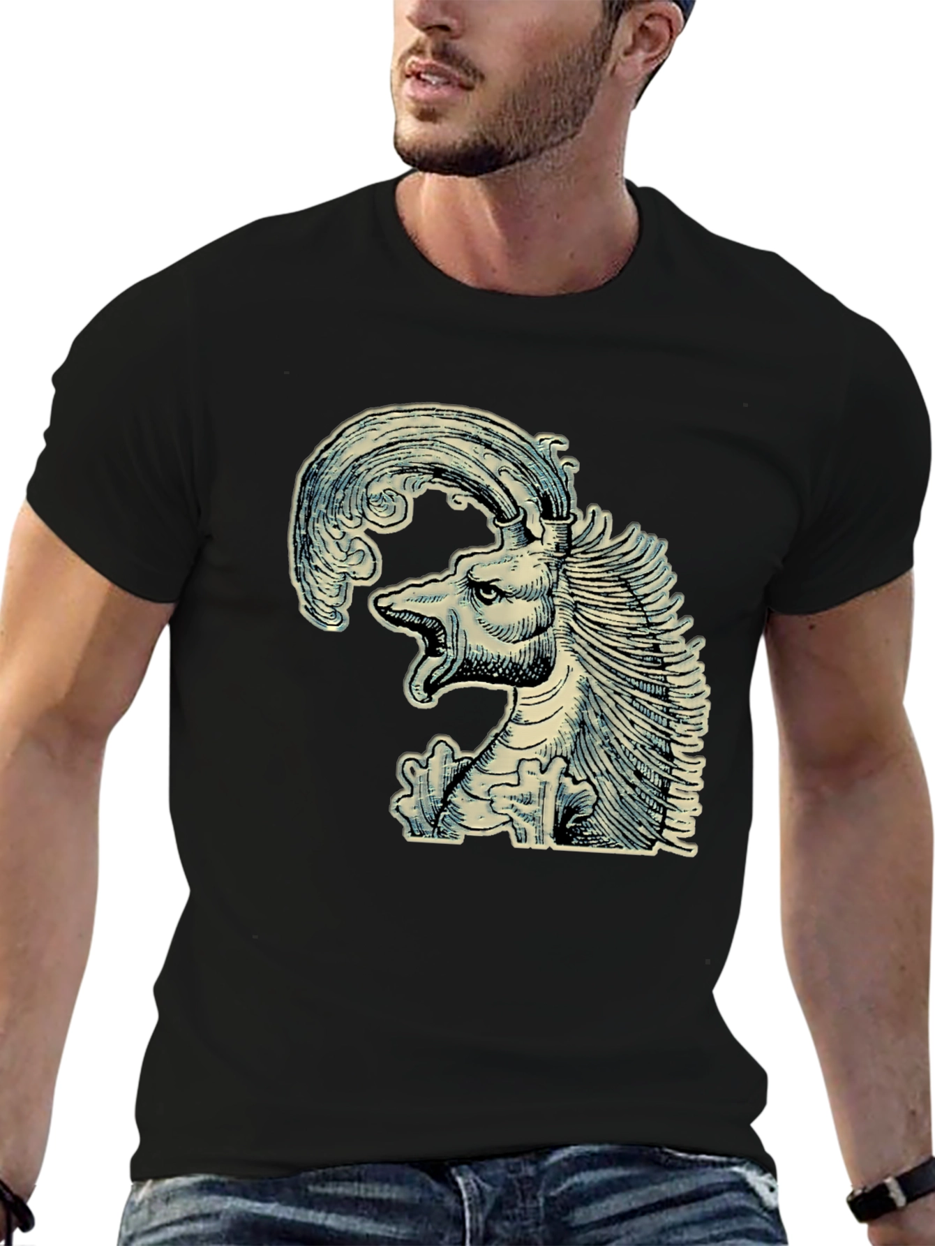 Black Mythical Creature Graphic Tee - Unique Black T-Shirt view 6