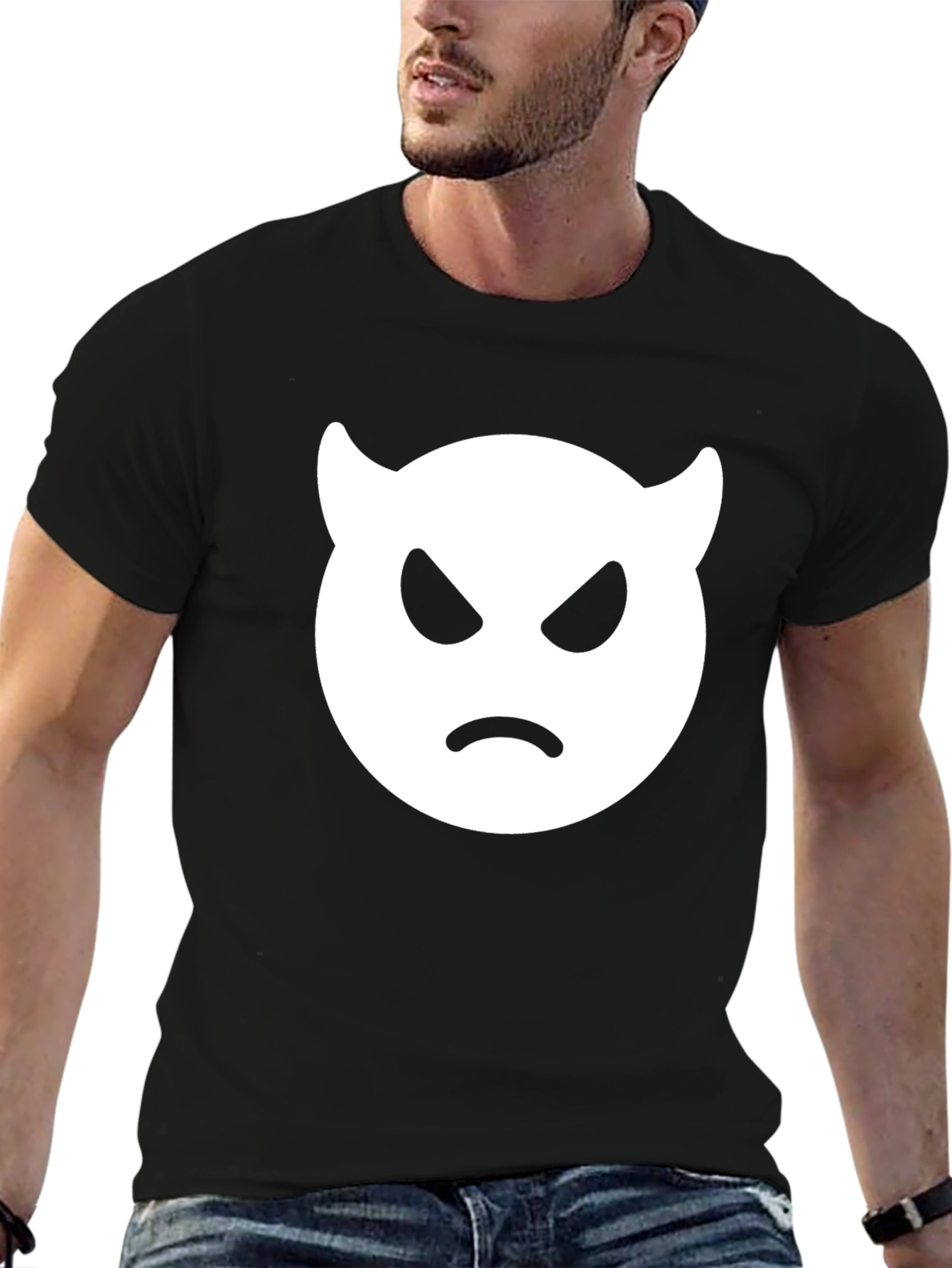 Black Angry Devil Emoji T-Shirt - Black Cotton Tee view 6