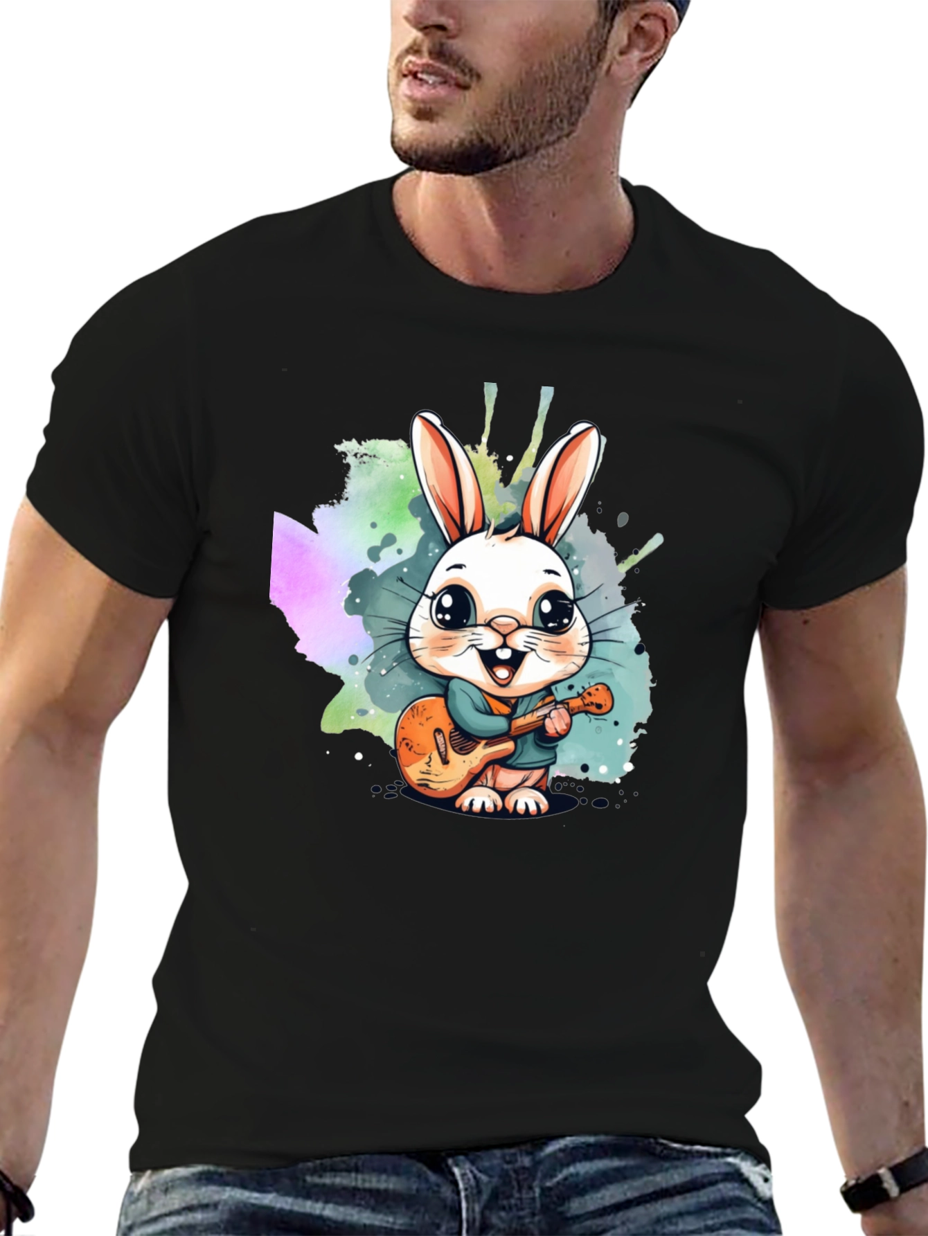 Black Cute Bunny Guitarist Black T-Shirt view 6