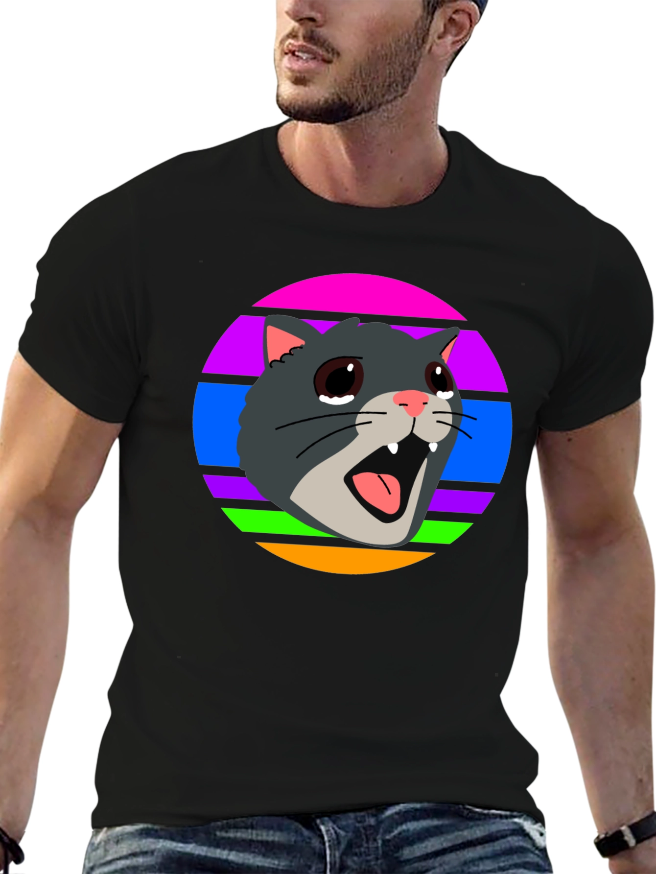 Black Crying Cat Retro T-Shirt, Funny Graphic Tee view 6