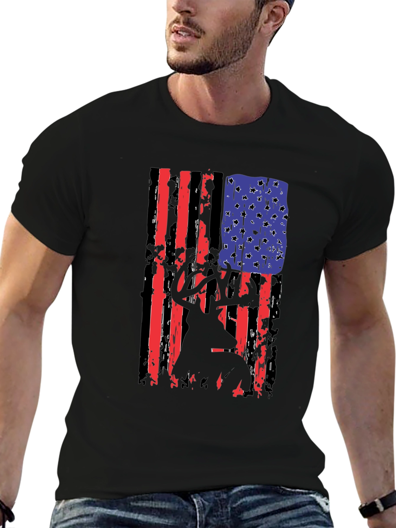 Black Distressed American Flag Deer Hunter T-Shirt view 6