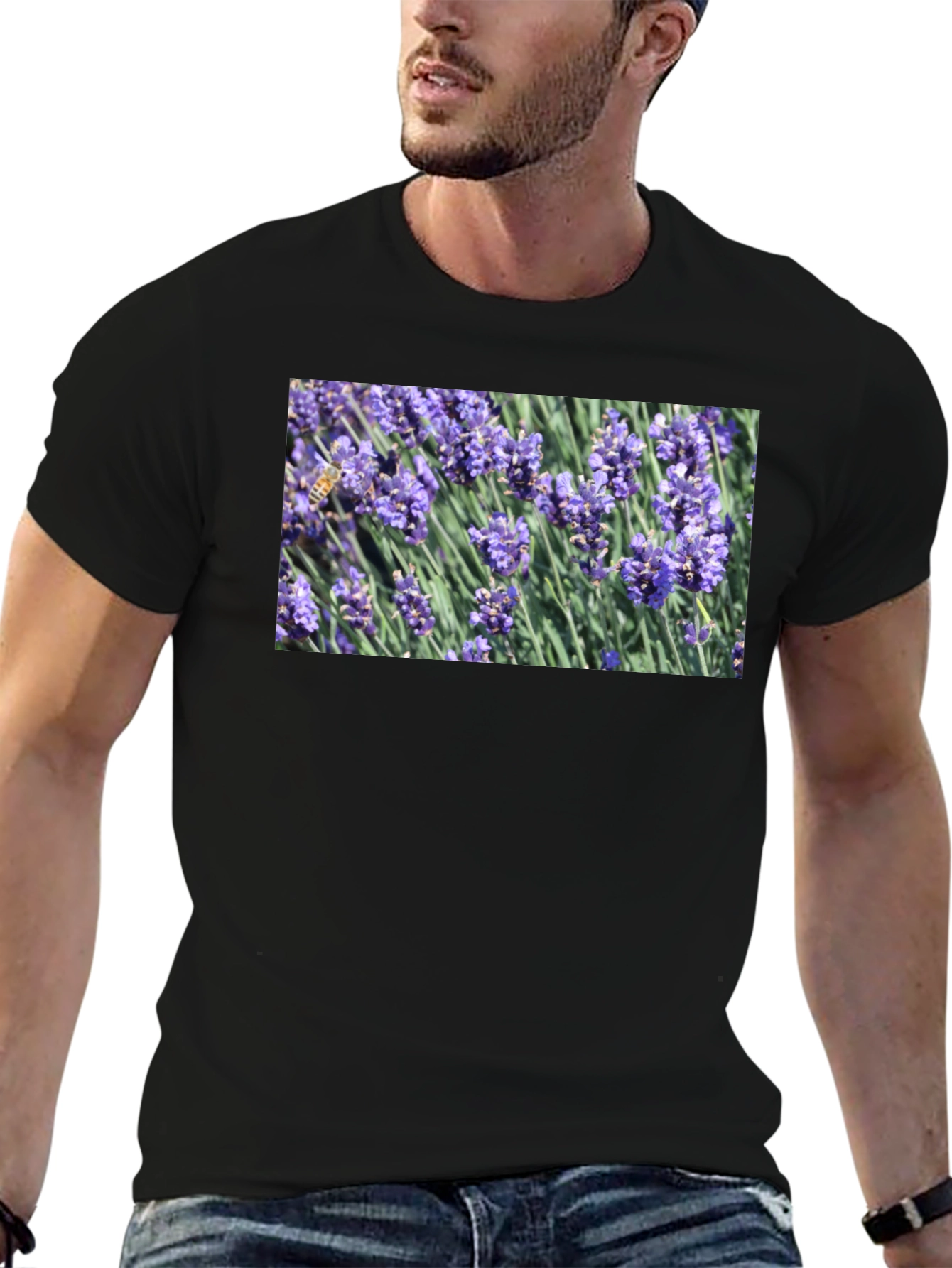 Black Floral Print T-Shirt: Bee on Lavender view 6