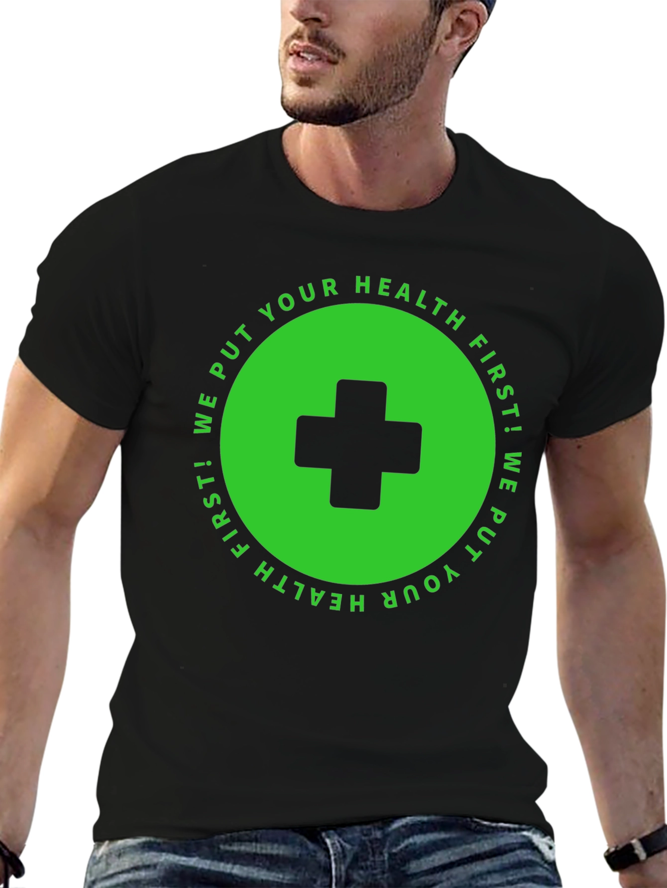 Black Health First T-Shirt: Black with Medical Cross Design view 6