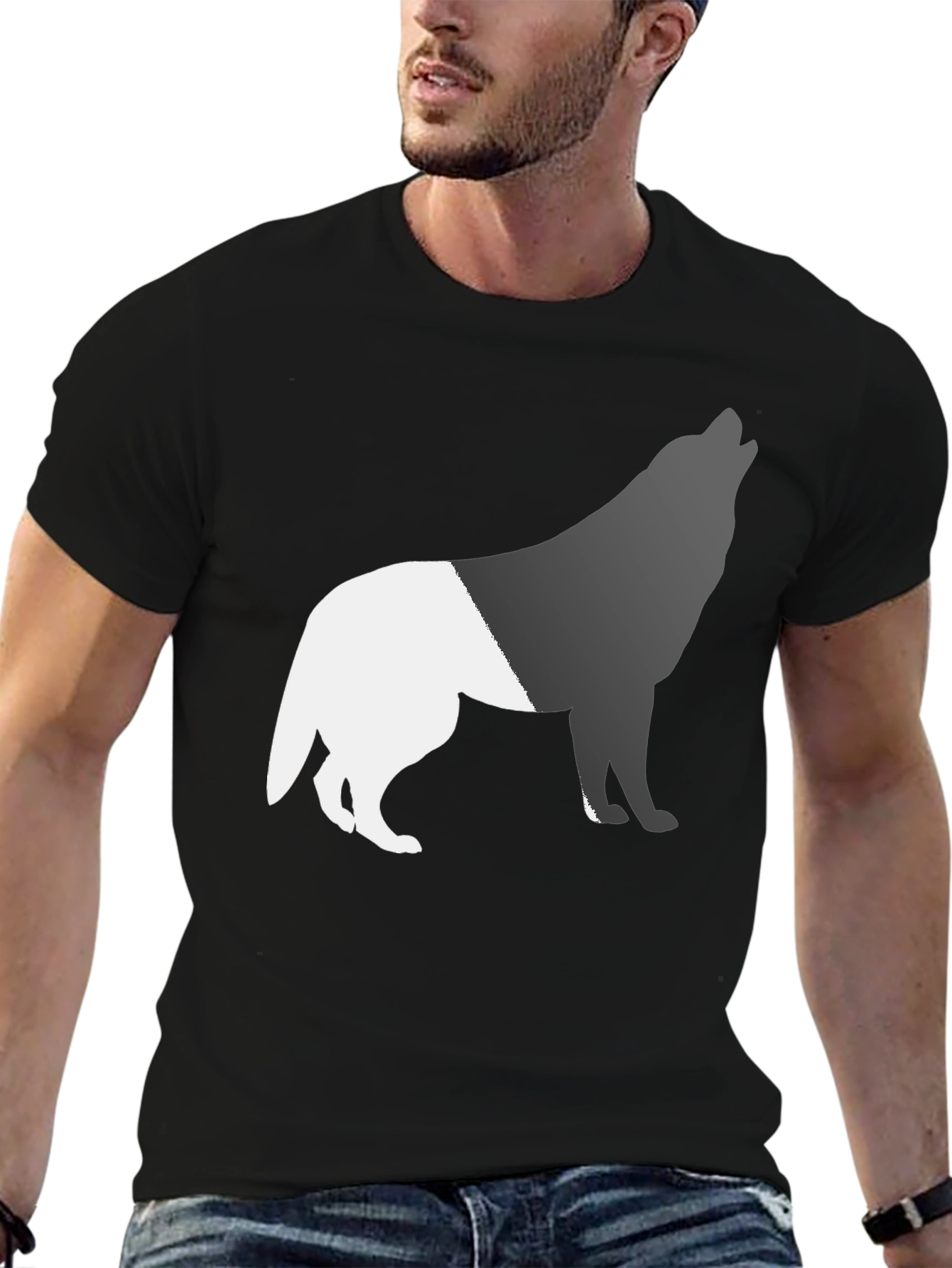 Black Two-Tone Wolf Graphic Tee - Black Cotton Blend view 6