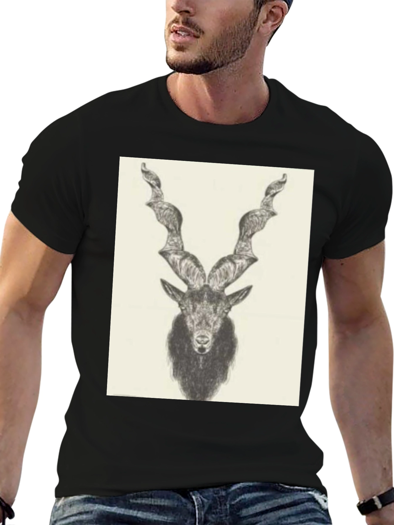 Black Black T-Shirt with Ibex Drawing view 6