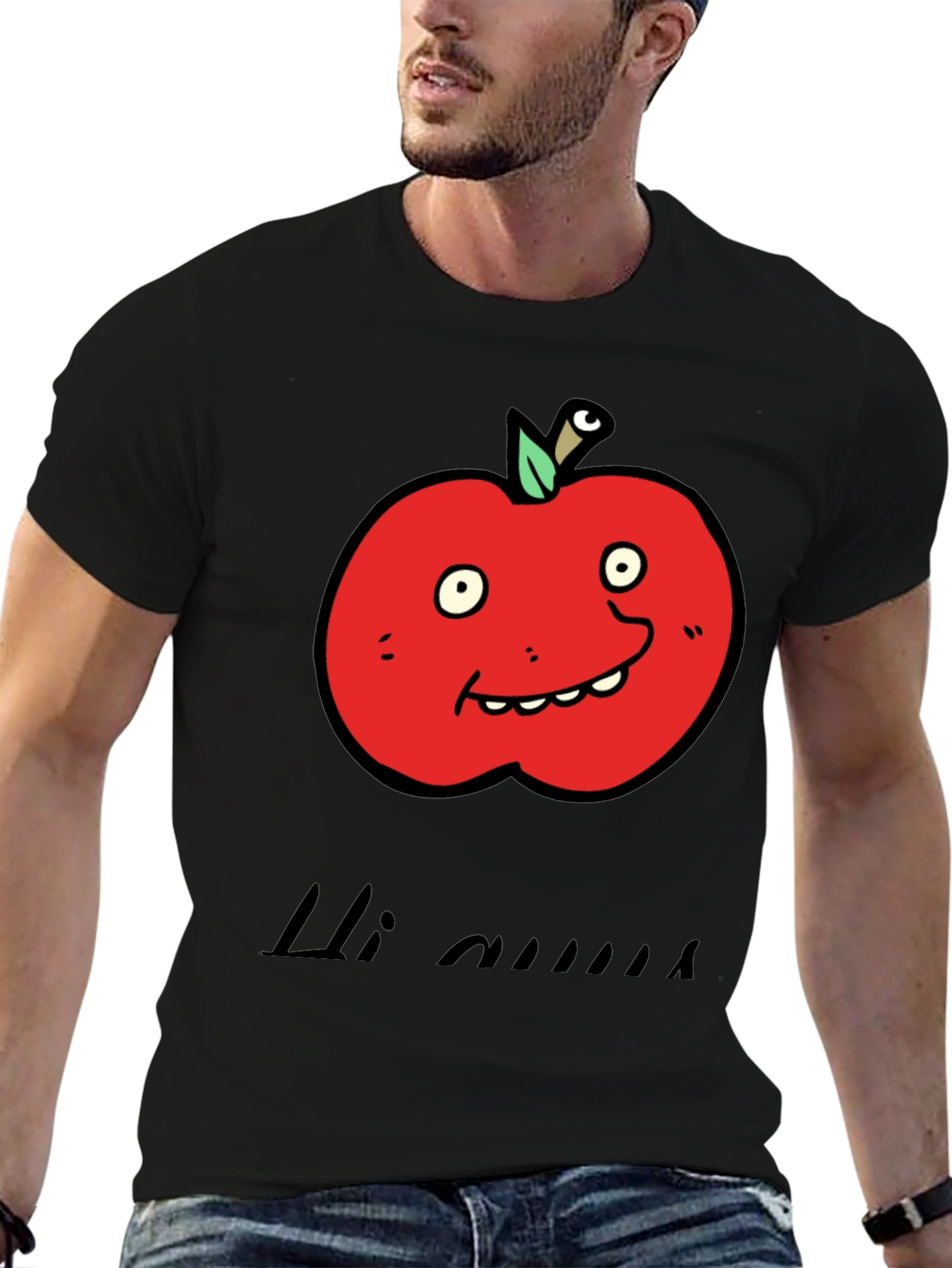 Black Cartoon Apple Graphic Tee - Funny Fruit T-Shirt view 6