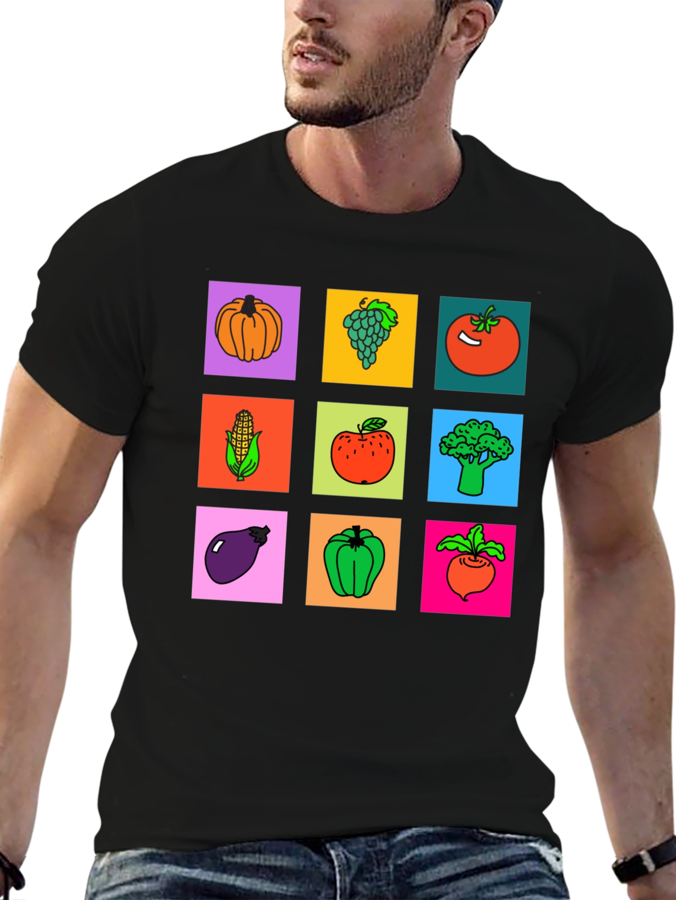 Black Vibrant Vegetable & Fruit Graphic Print T-Shirt view 6