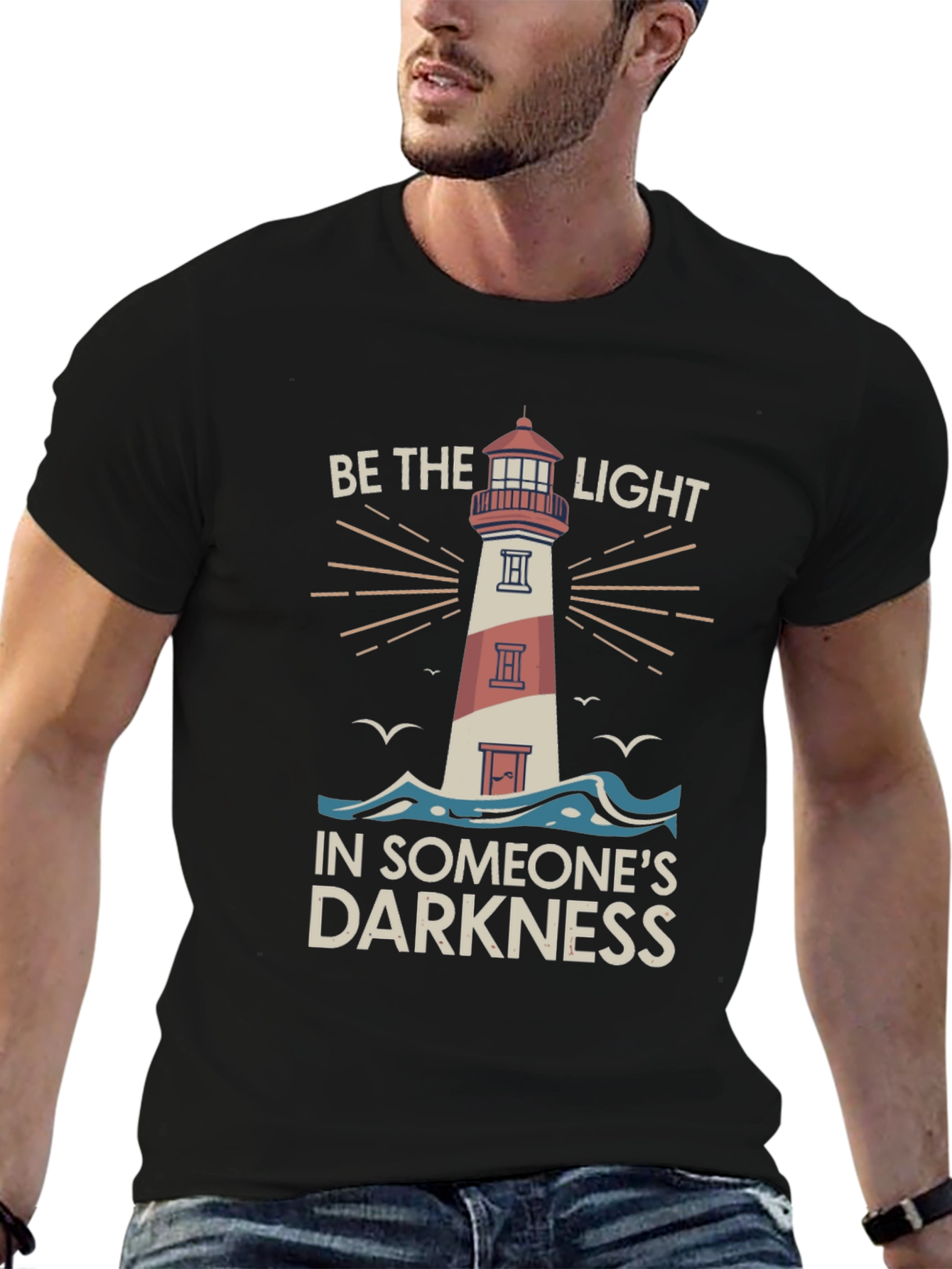 Black Be the Light Graphic Tee - Inspiring Lighthouse Design view 6
