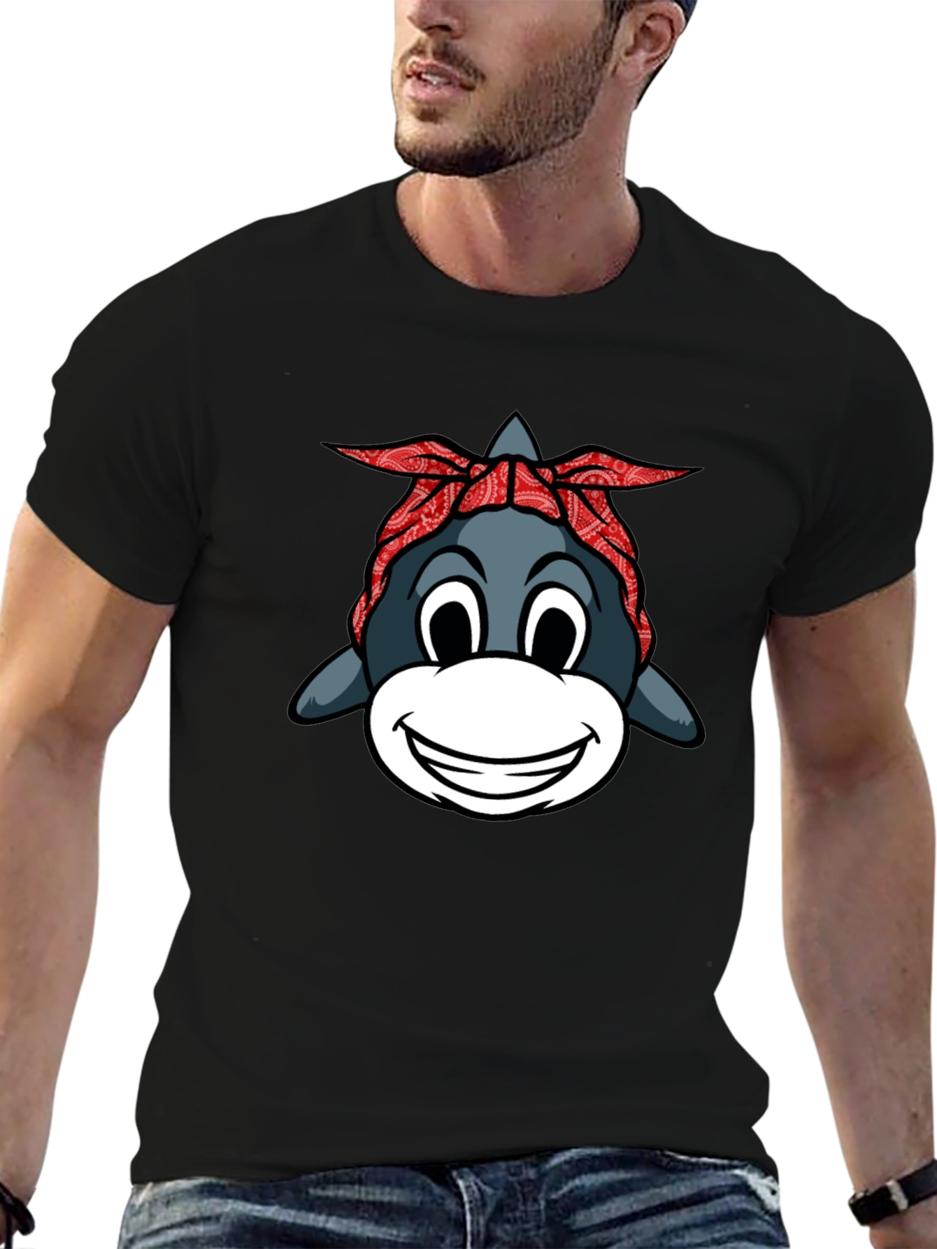 Black Funny Shark with Bandana Graphic T-Shirt view 6