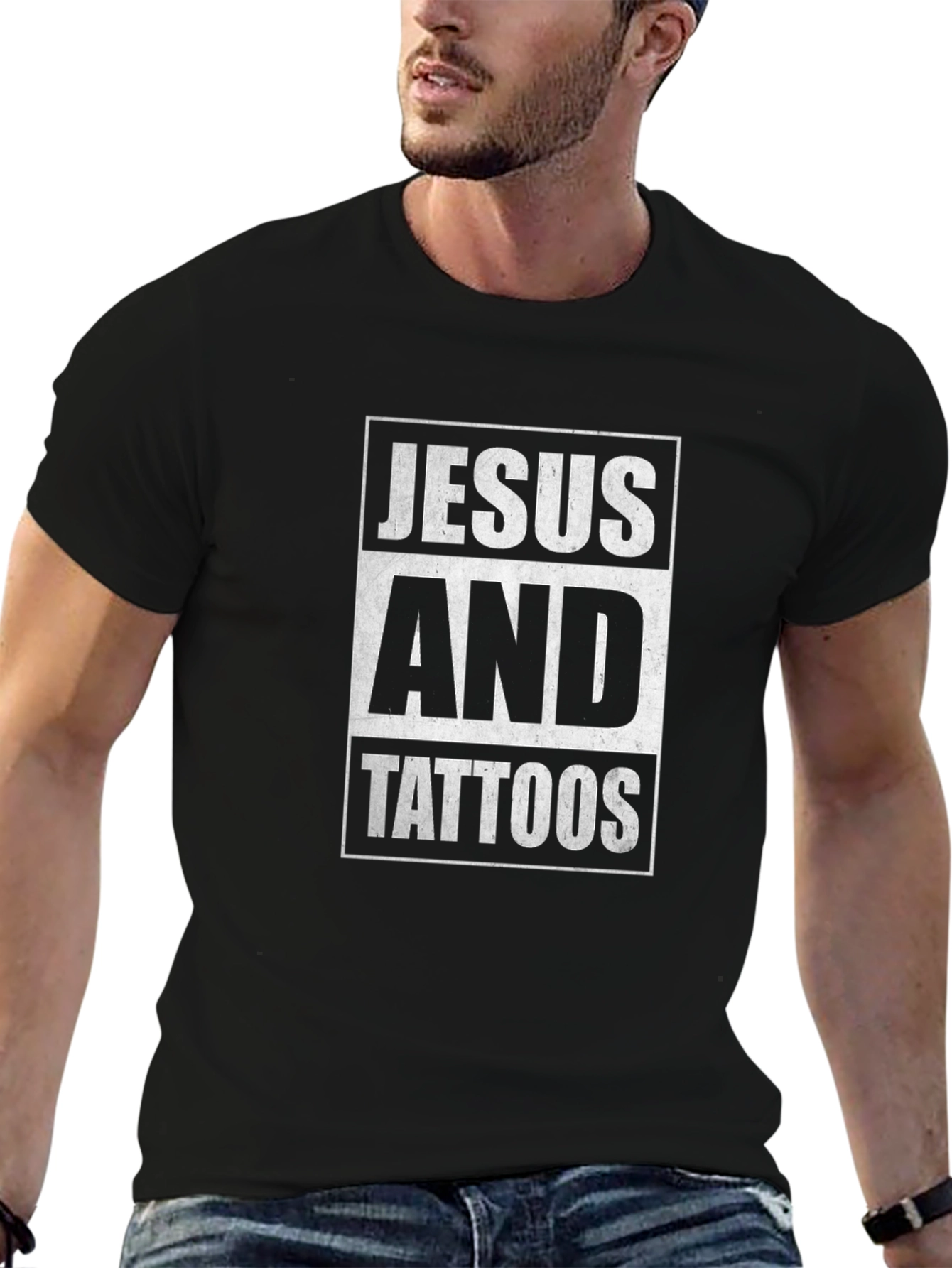 Black Jesus and Tattoos Graphic Tee - Black Cotton Blend view 6