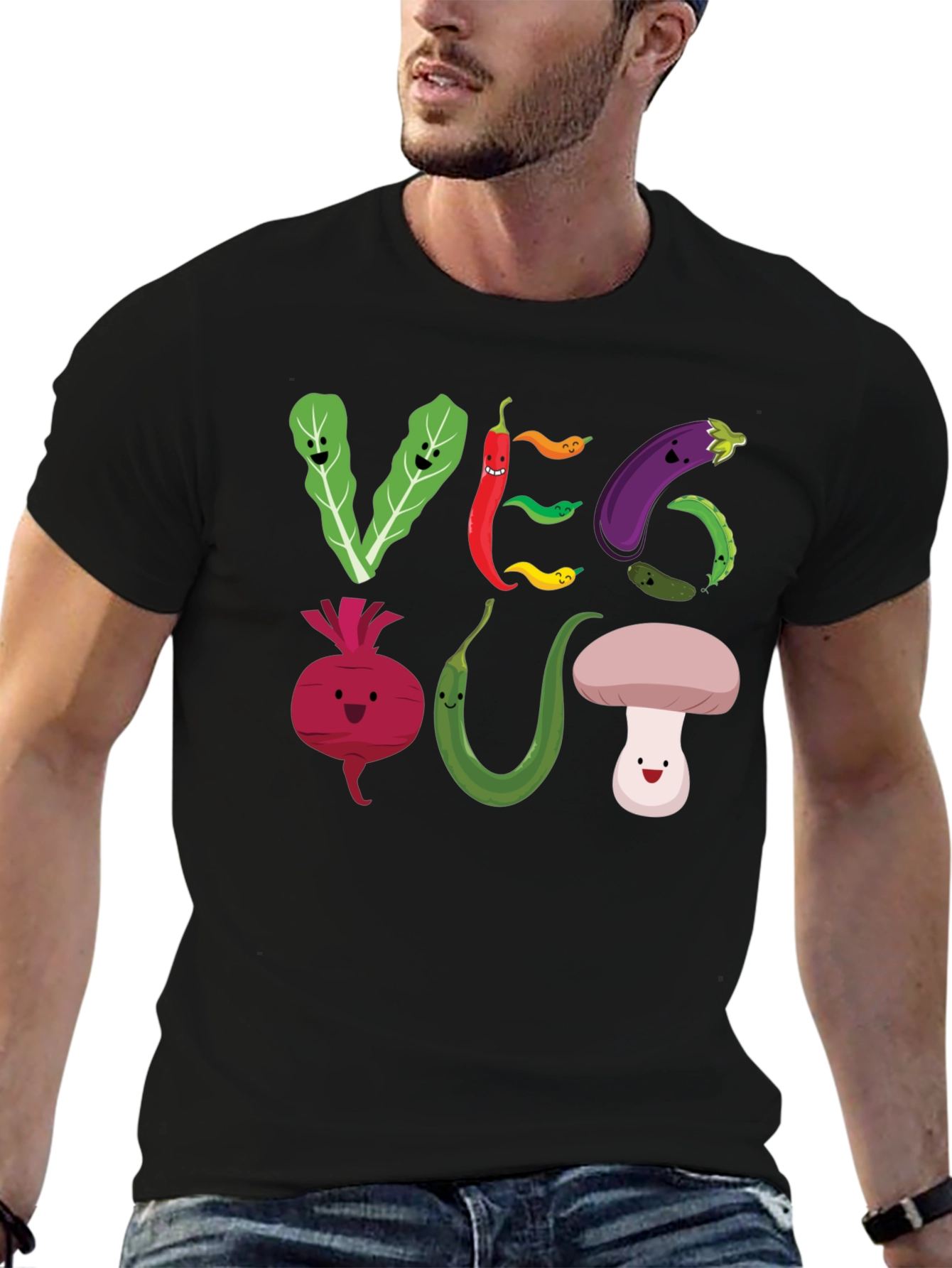Black Veg Out T-Shirt - Cute Cartoon Vegetables view 6
