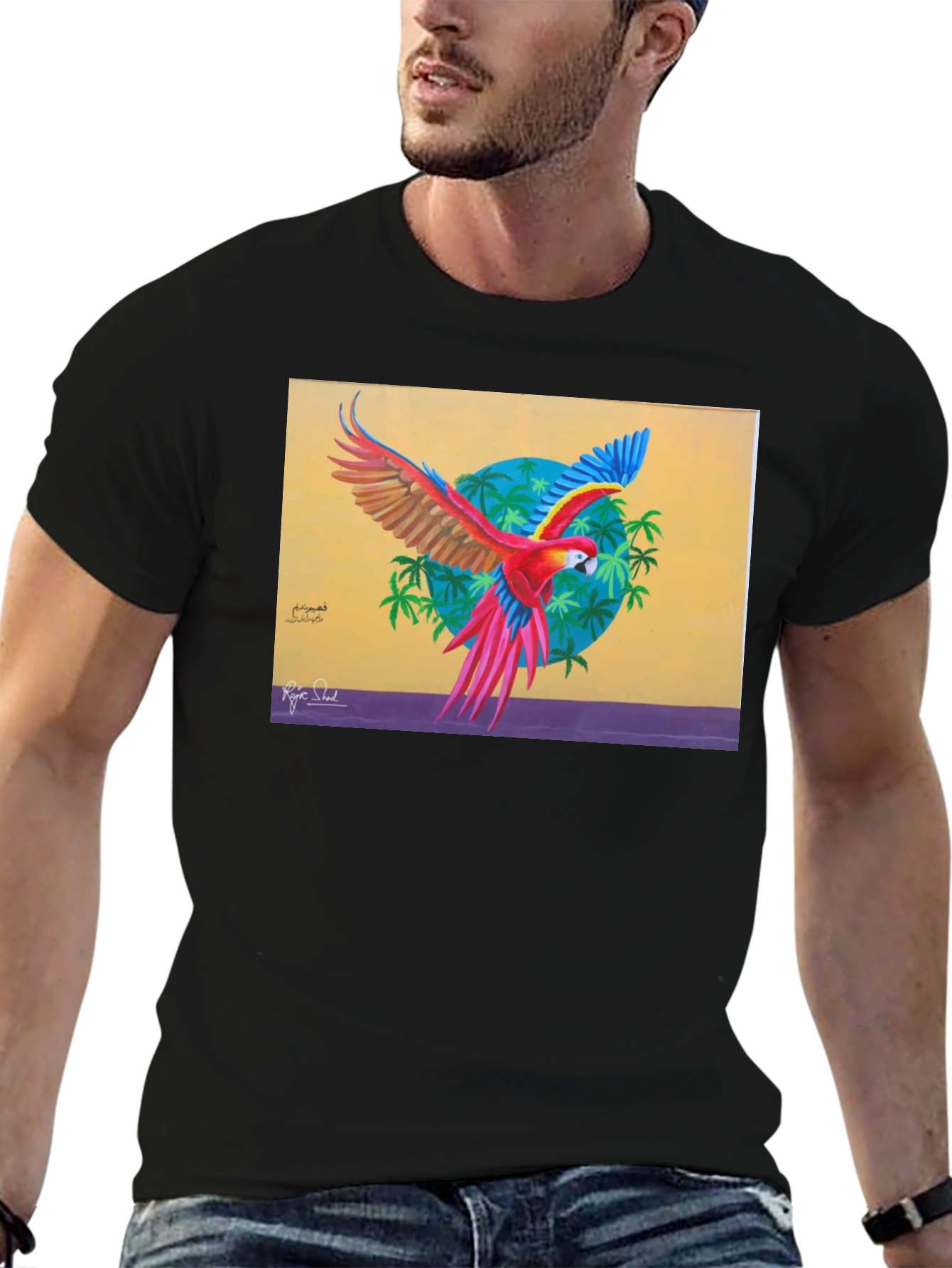 Black Tropical Parrot Graphic Tee - Vivid Art Print view 6