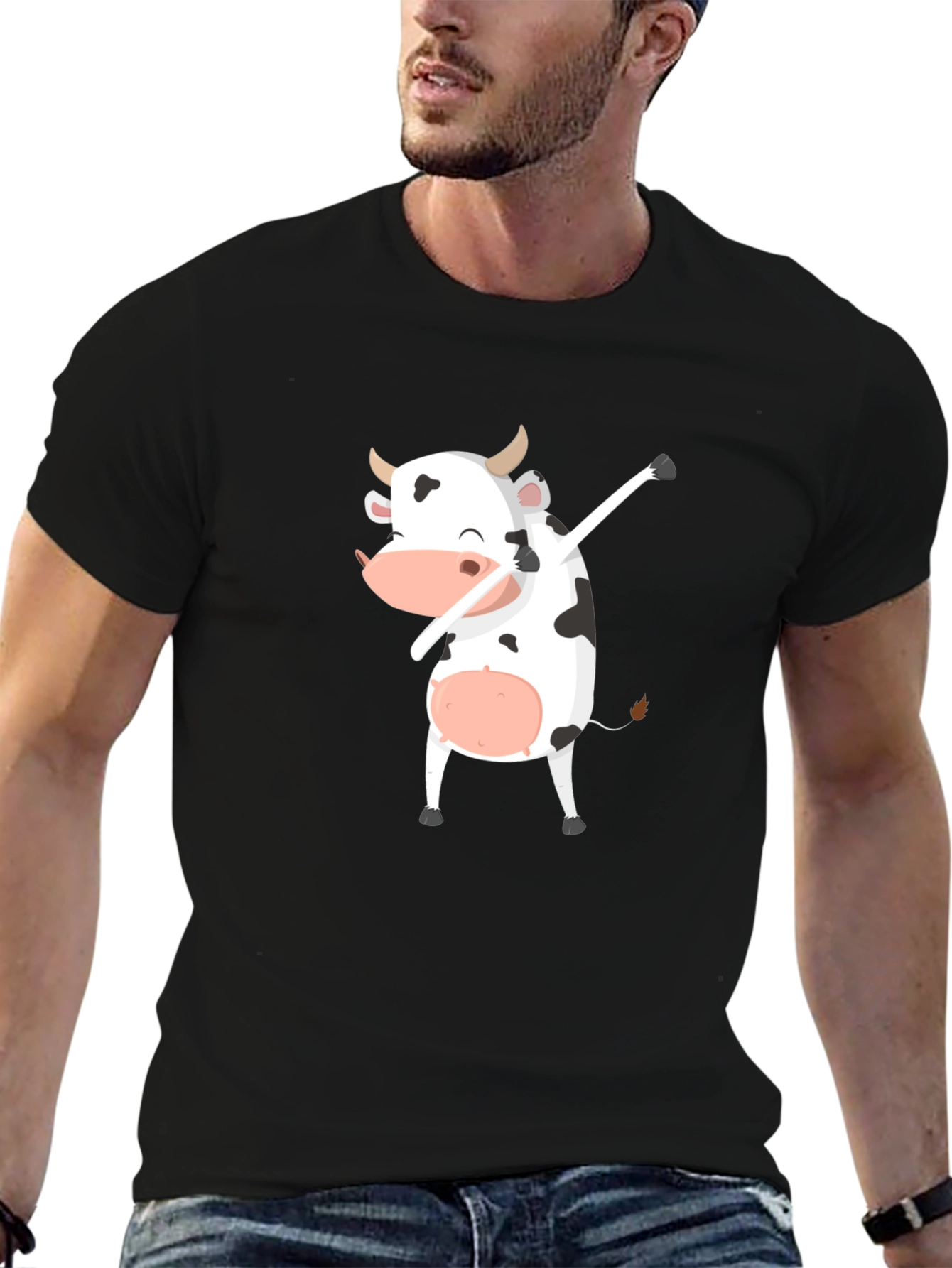 Black Dabbing Cow Graphic Tee - Unisex Black T-Shirt view 6