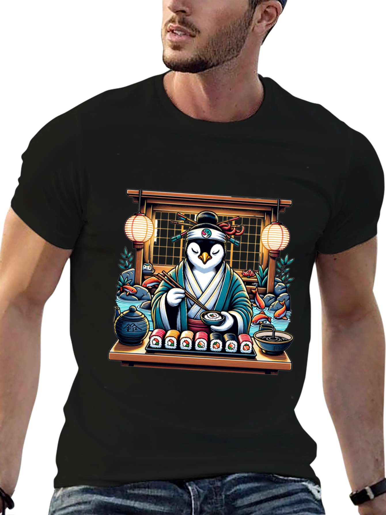Black Sushi Chef Penguin T-Shirt view 6