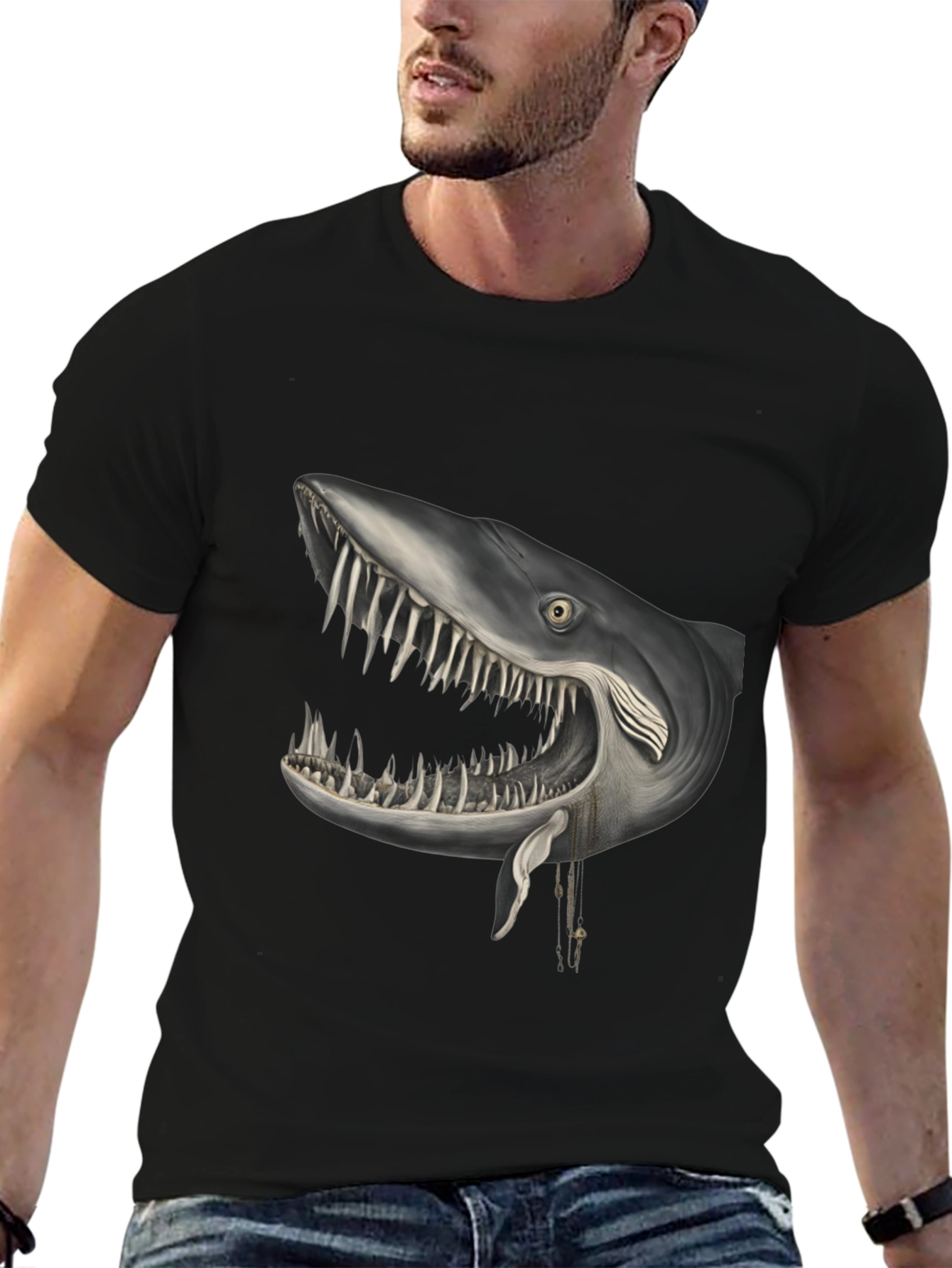 Black Shark Head Graphic Print Crew Neck T-Shirt view 6
