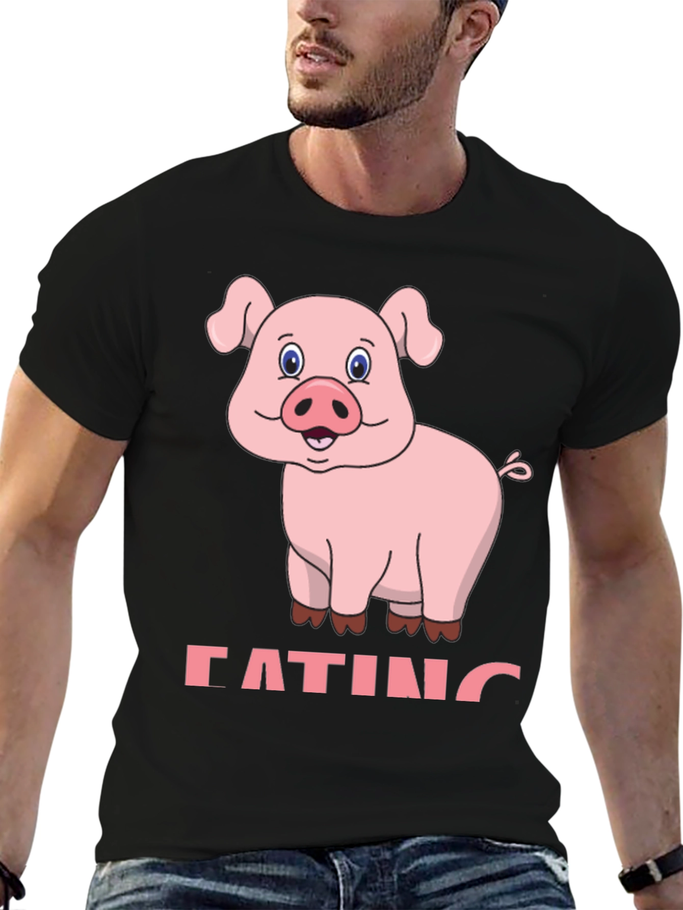 Black Funny Pig Eating Cartoon Graphic T-Shirt view 6