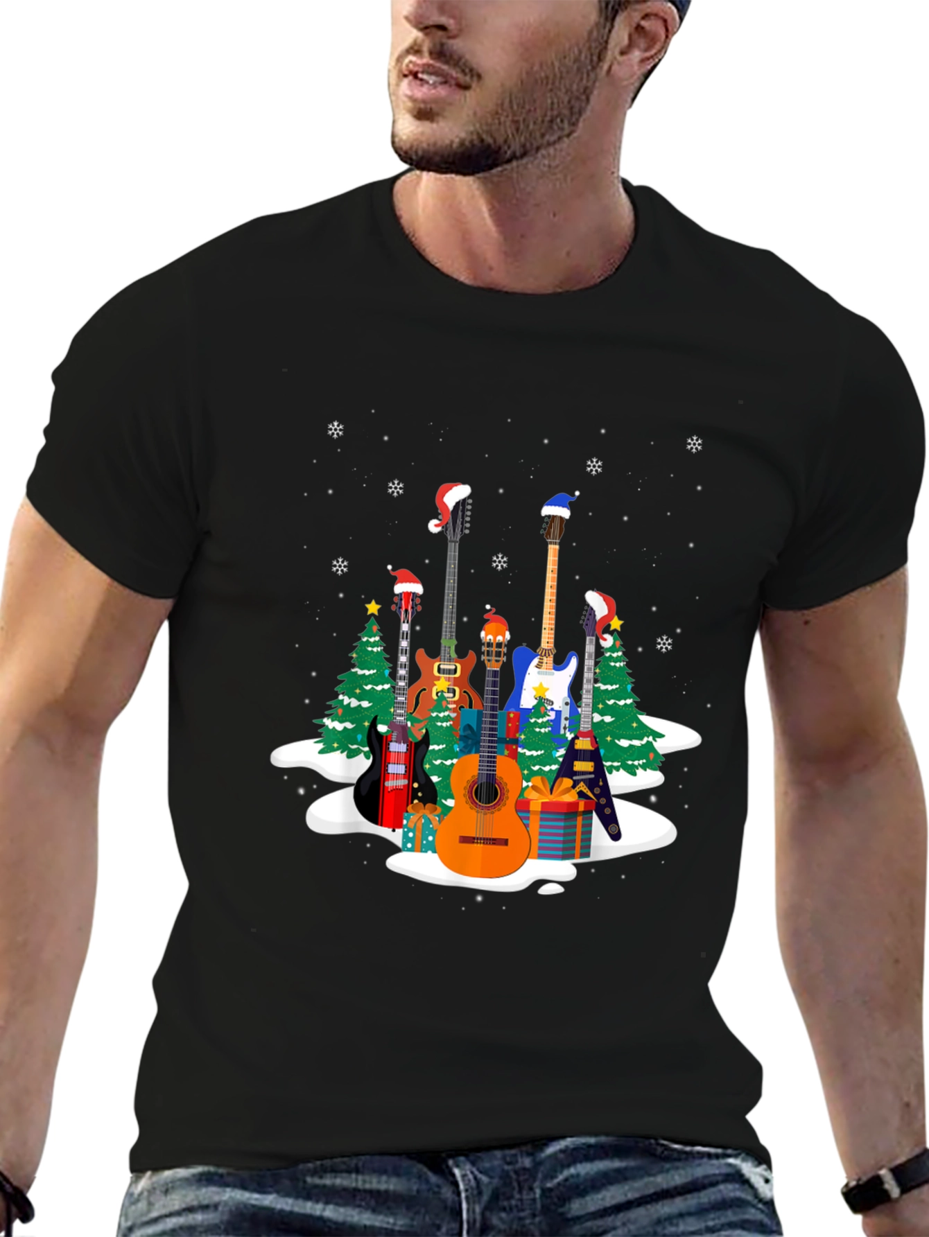 Black Festive Guitar Christmas T-Shirt view 6
