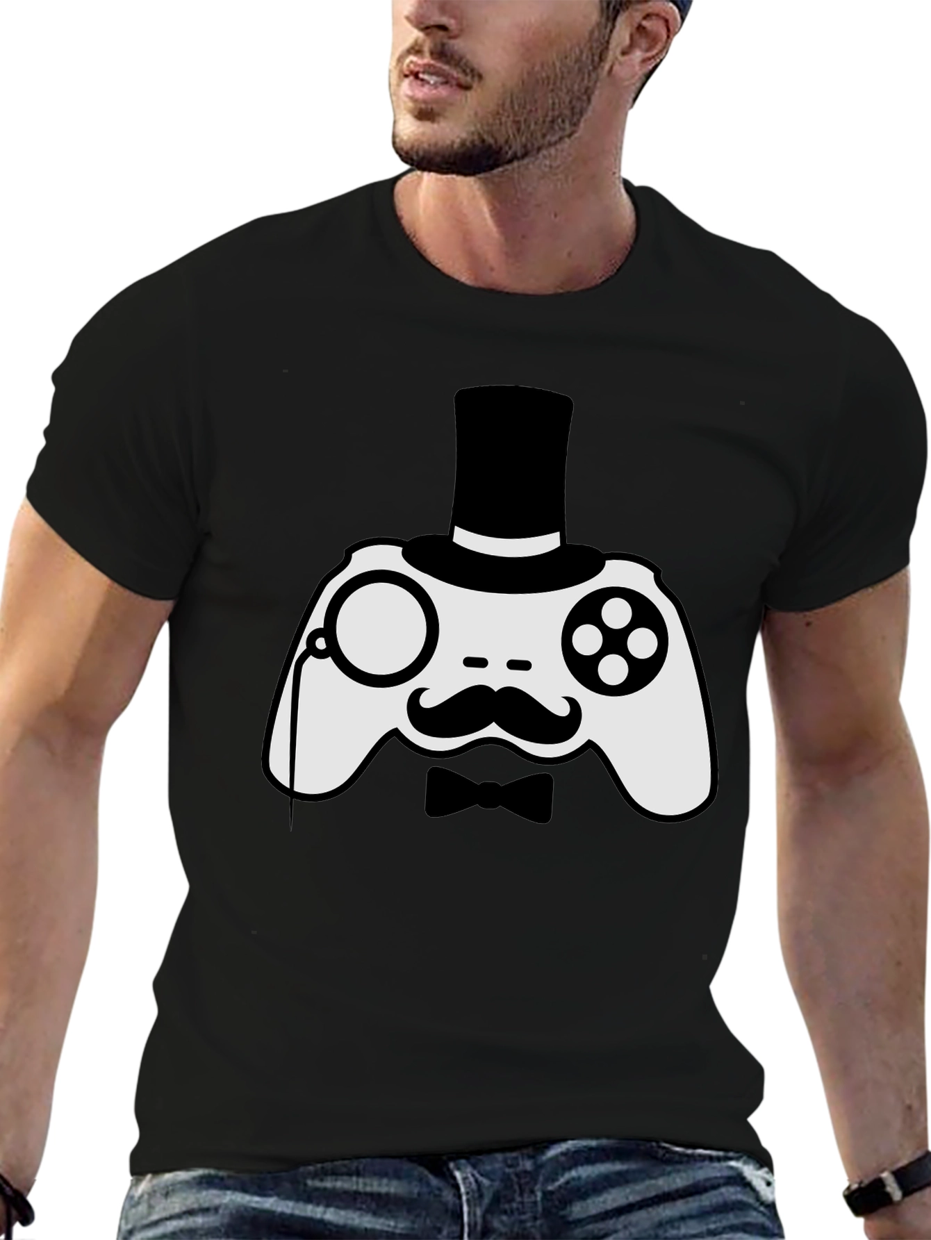 Black Gentleman Gamer T-Shirt - Controller with Monocle & Top Hat view 6