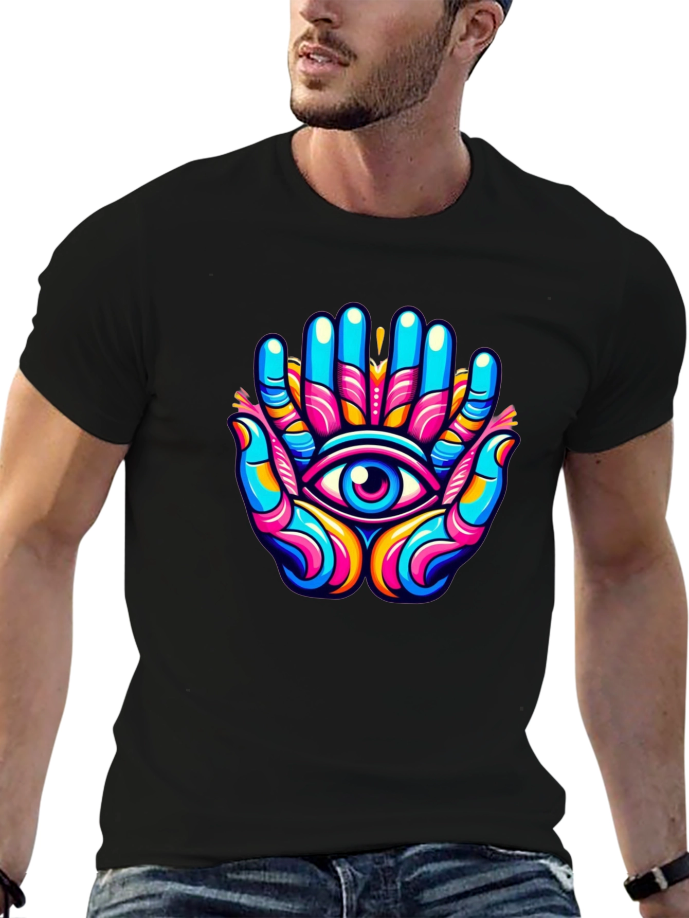 Black Vivid Eye Hands Graphic Black T-Shirt view 6