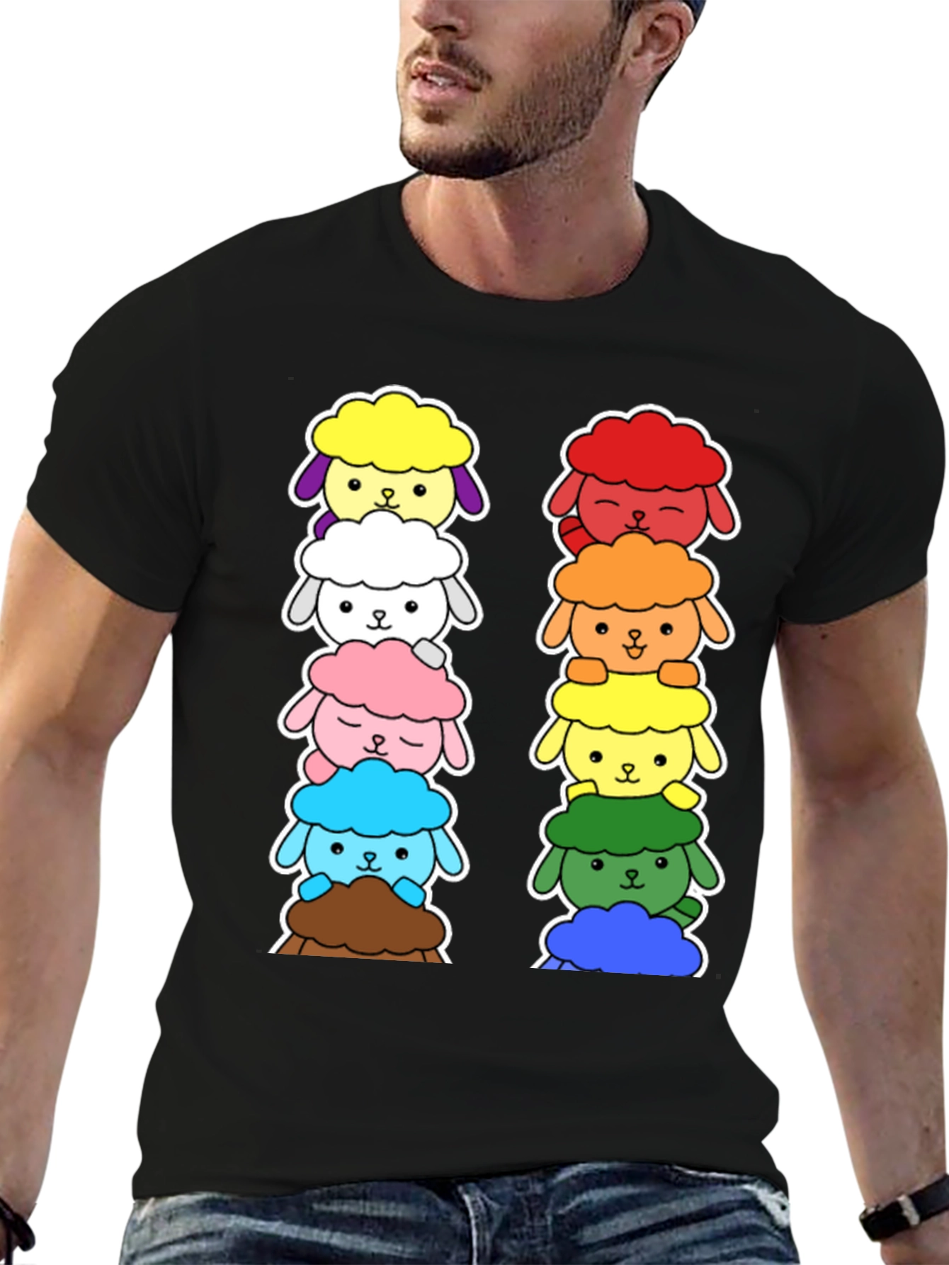 Black Rainbow Sheep Stack T-Shirt - Cute & Unique! view 6