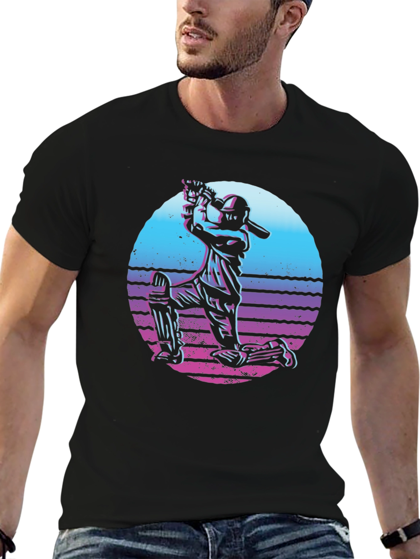 Black Retro Cricket Player T-Shirt - Black view 6