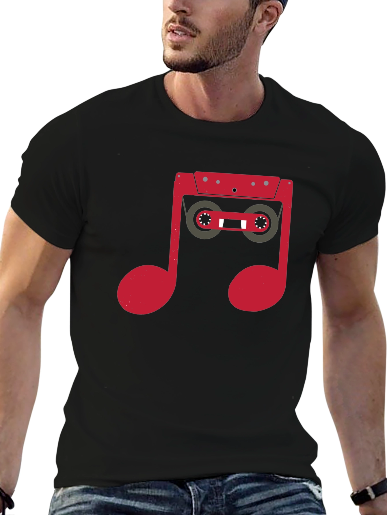 Black Retro Music Note Cassette Graphic T-Shirt view 6