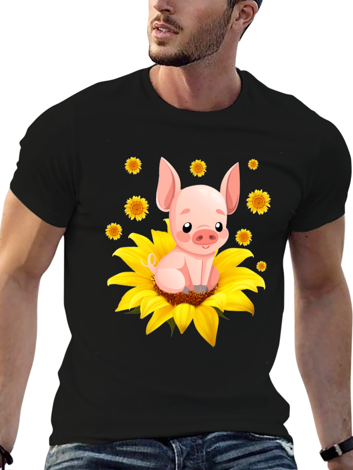 Black Pig Sunflower Graphic Tee - Cute Animal Lover Shirt view 6