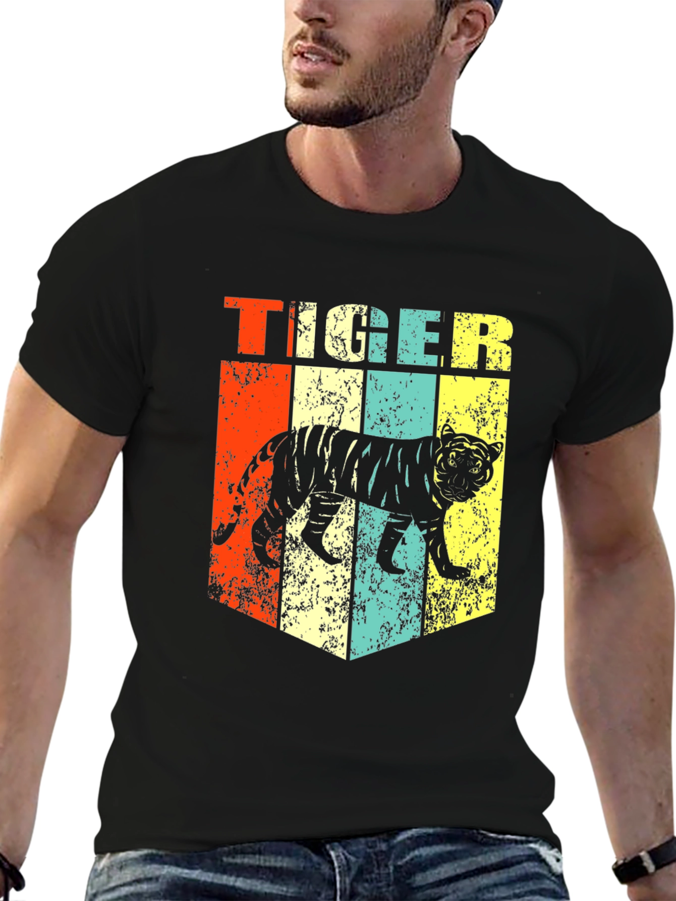 Black Retro Tiger Graphic Print Men's Black T-Shirt view 6