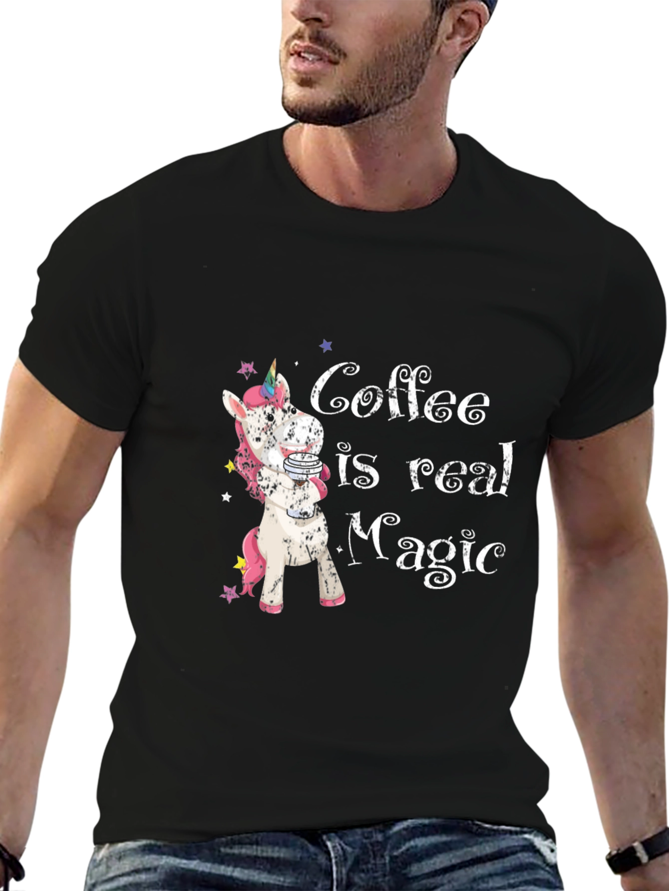 Black Coffee is Real Magic T-Shirt - Unicorn Design view 6