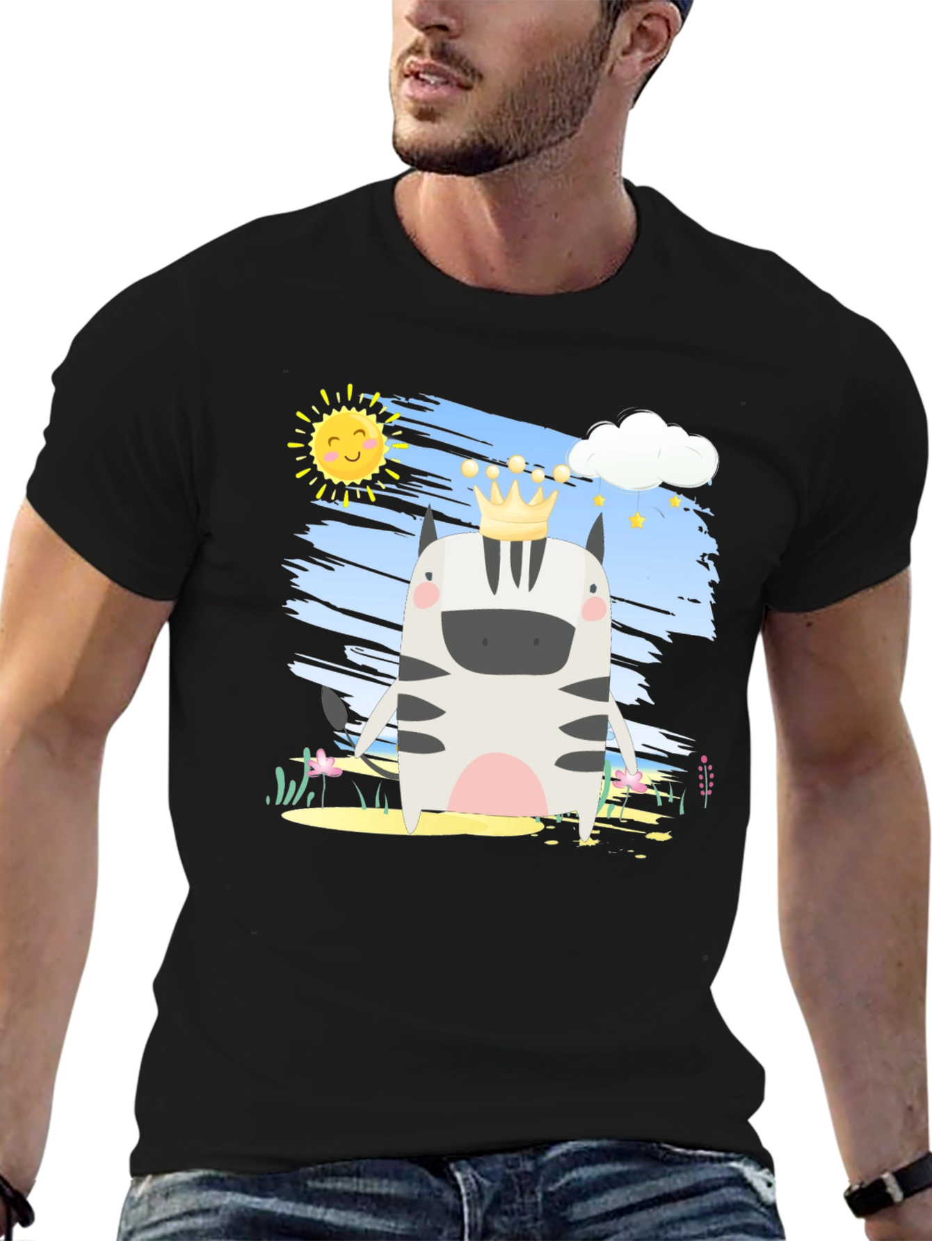 Black Zebra King T-Shirt - Cartoon Animal Tee view 6