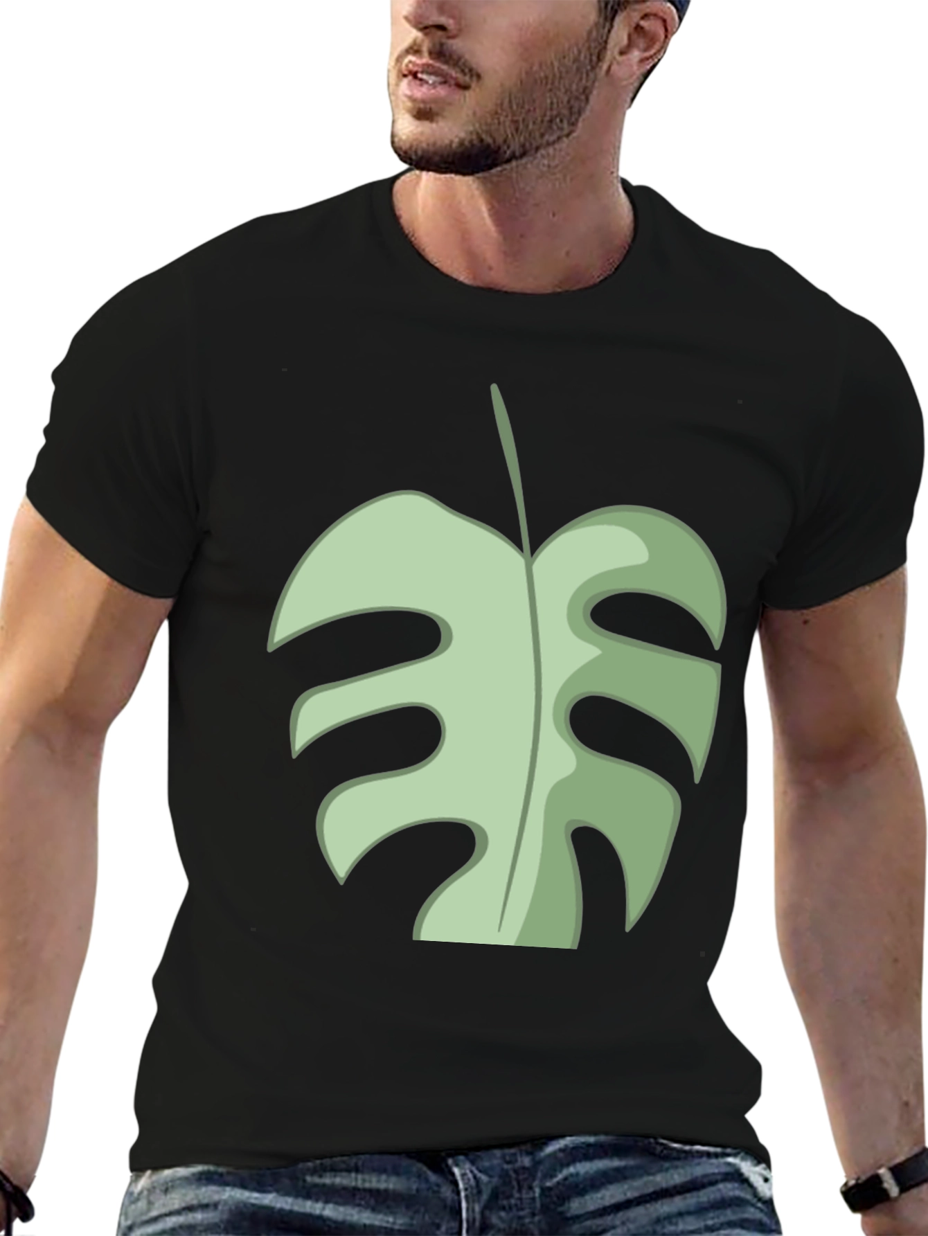 Black Tropical Monstera Leaf Graphic Tee - Black Cotton view 6