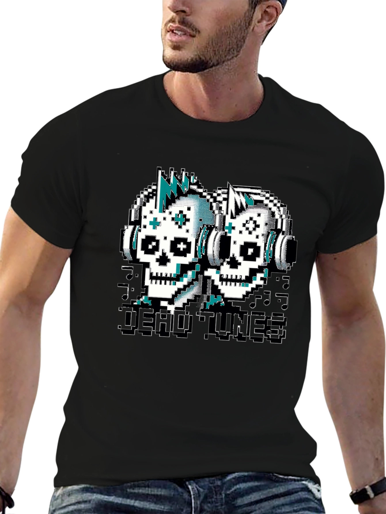 Black Dead Tunes Pixel Art Skull T-Shirt view 6