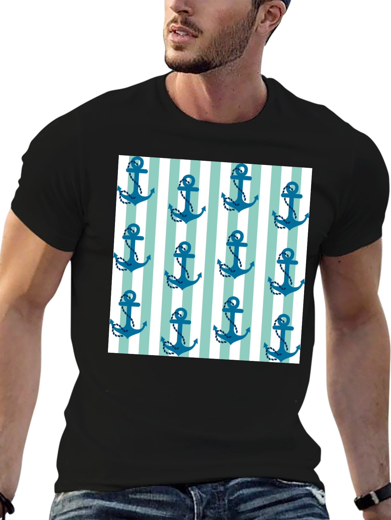 Black Nautical Anchor Print Men's Black T-Shirt view 6