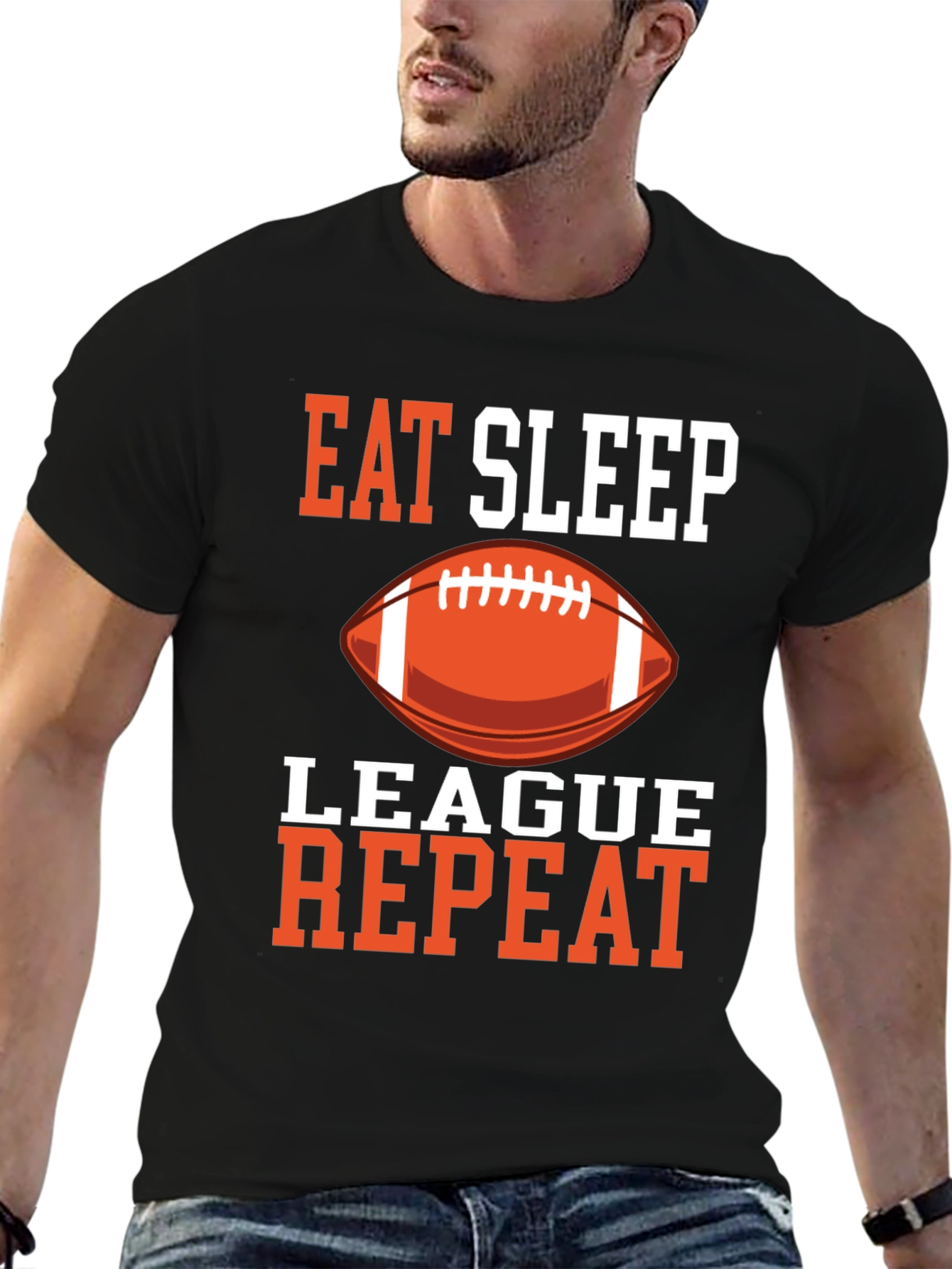 Black Eat Sleep League Repeat T-Shirt Football Black Graphic Tee view 6